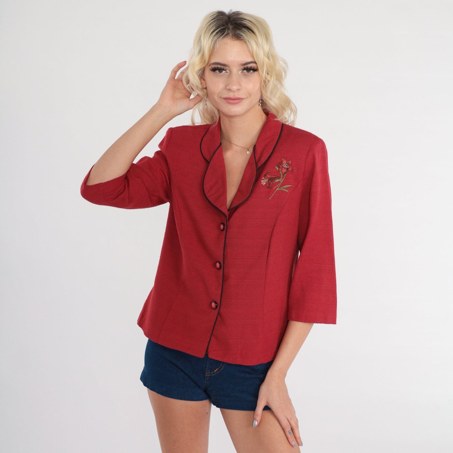 80s R&K Originals Red Floral Applique Blazer Medium