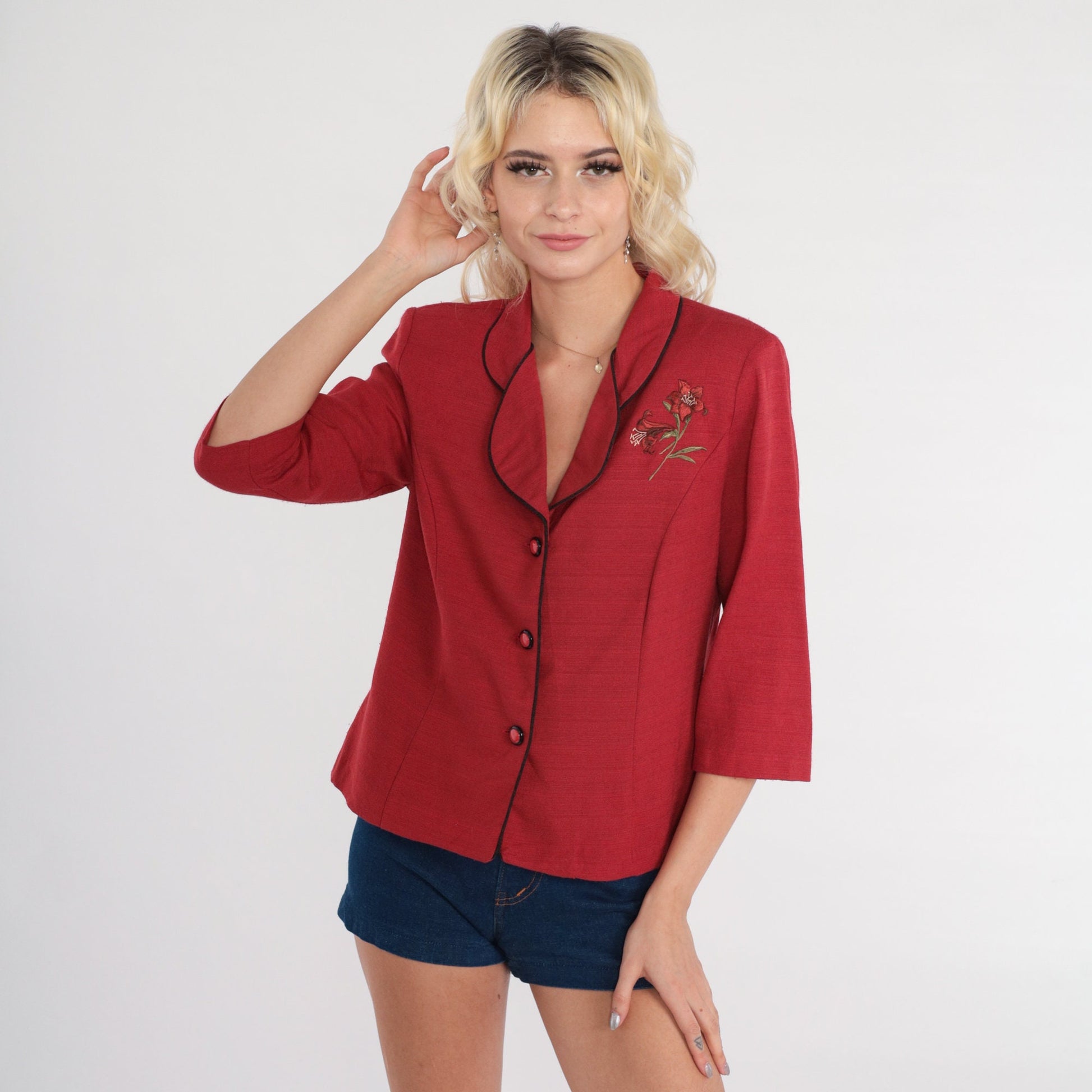 80s R&K Originals Red Floral Applique Blazer Medium