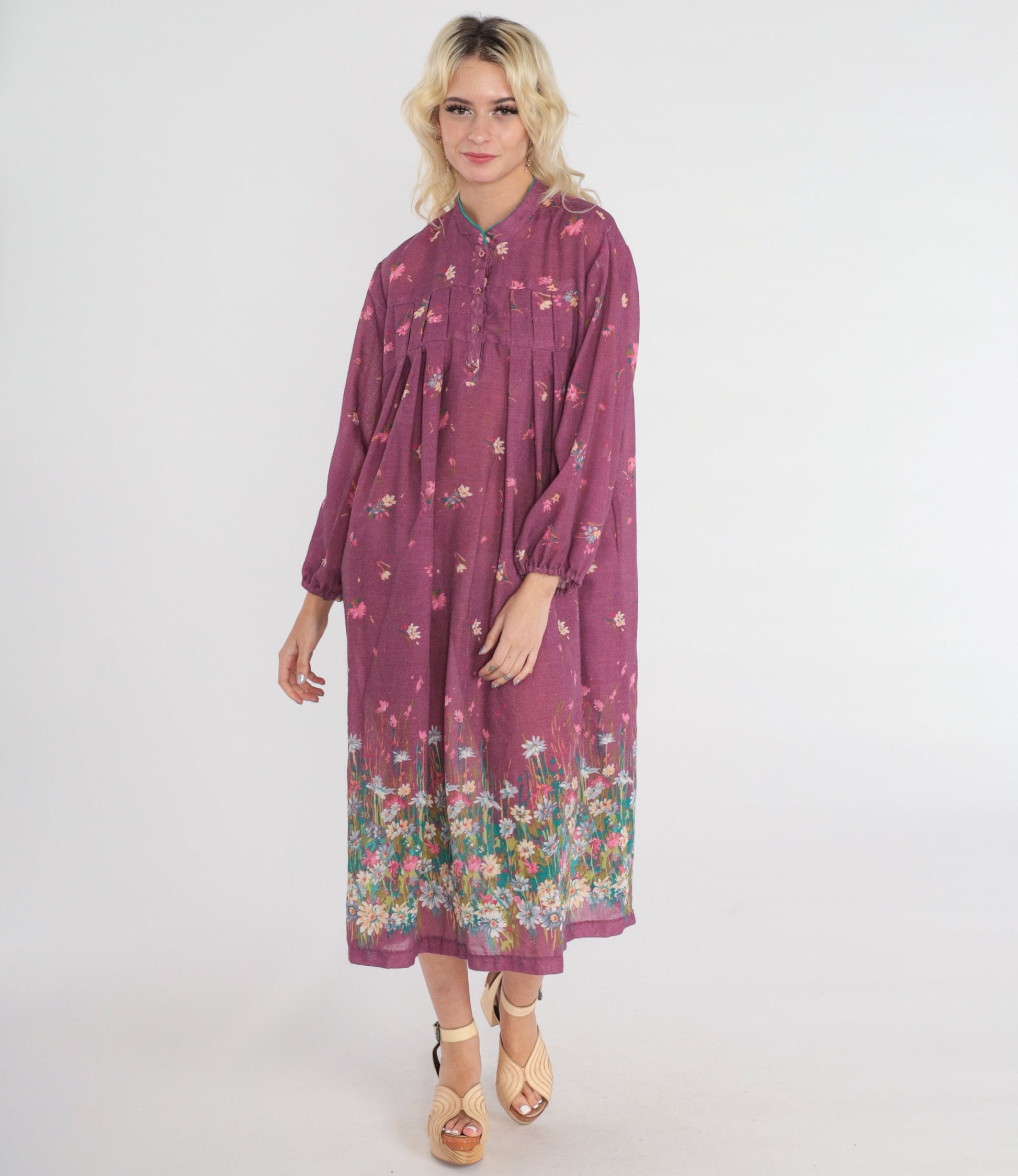 70s Wildflower Purple Floral Midi Dress Button-Up Long Sleeve Large