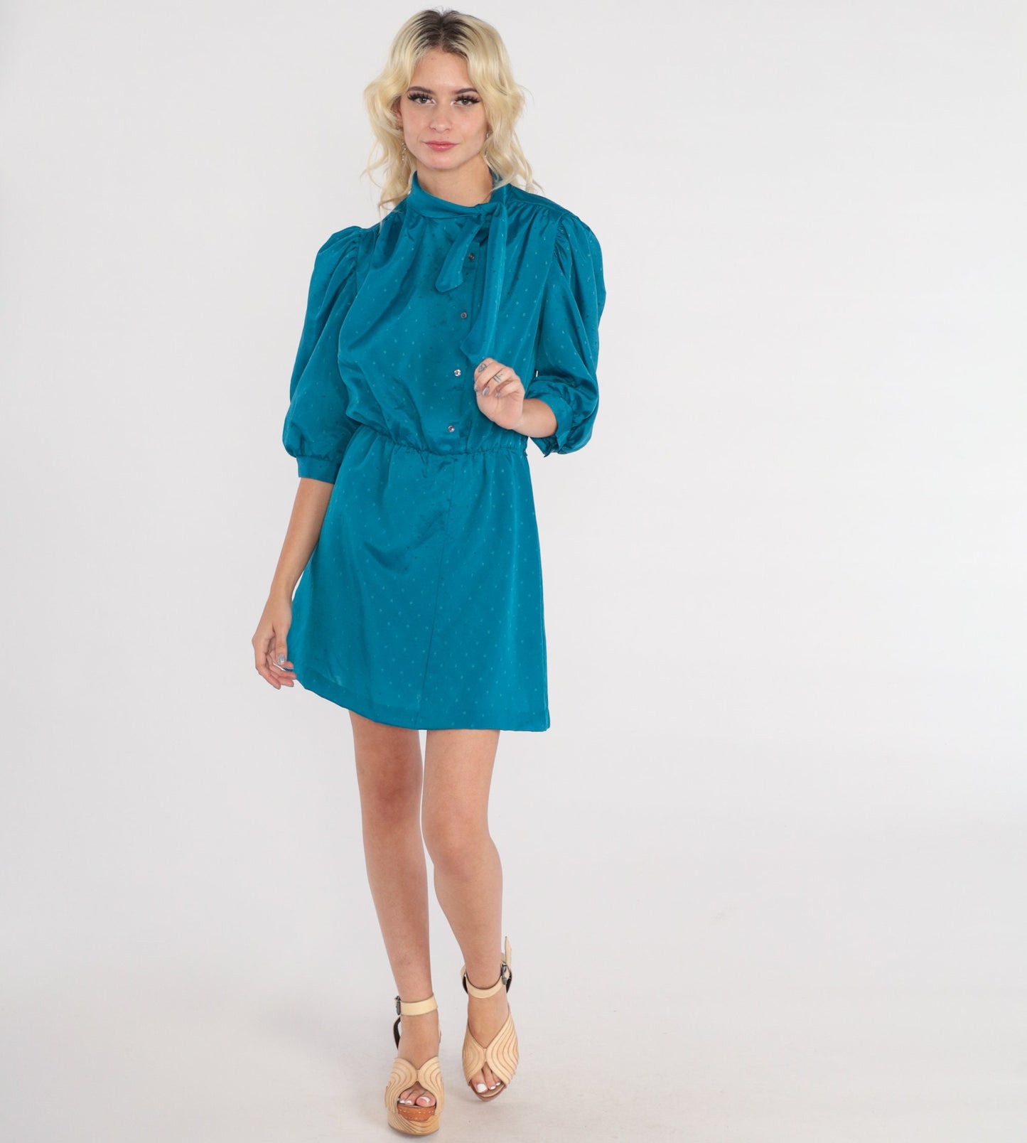 80s Blue Mini Shirtdress Puff Sleeve Ascot Tie Neck Button Up Medium