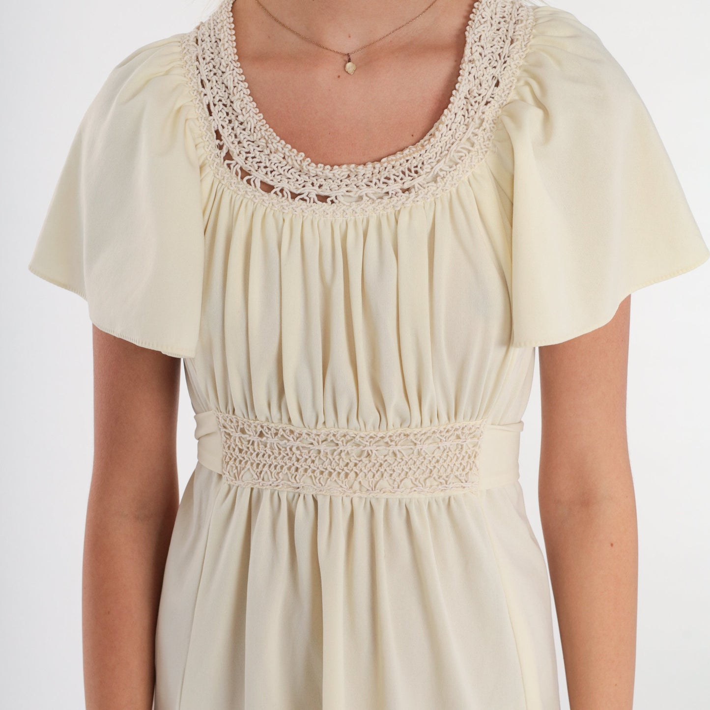 70s Cream Babydoll Mini Dress Macrame Trim Flutter Sleeve Empire Waist Small
