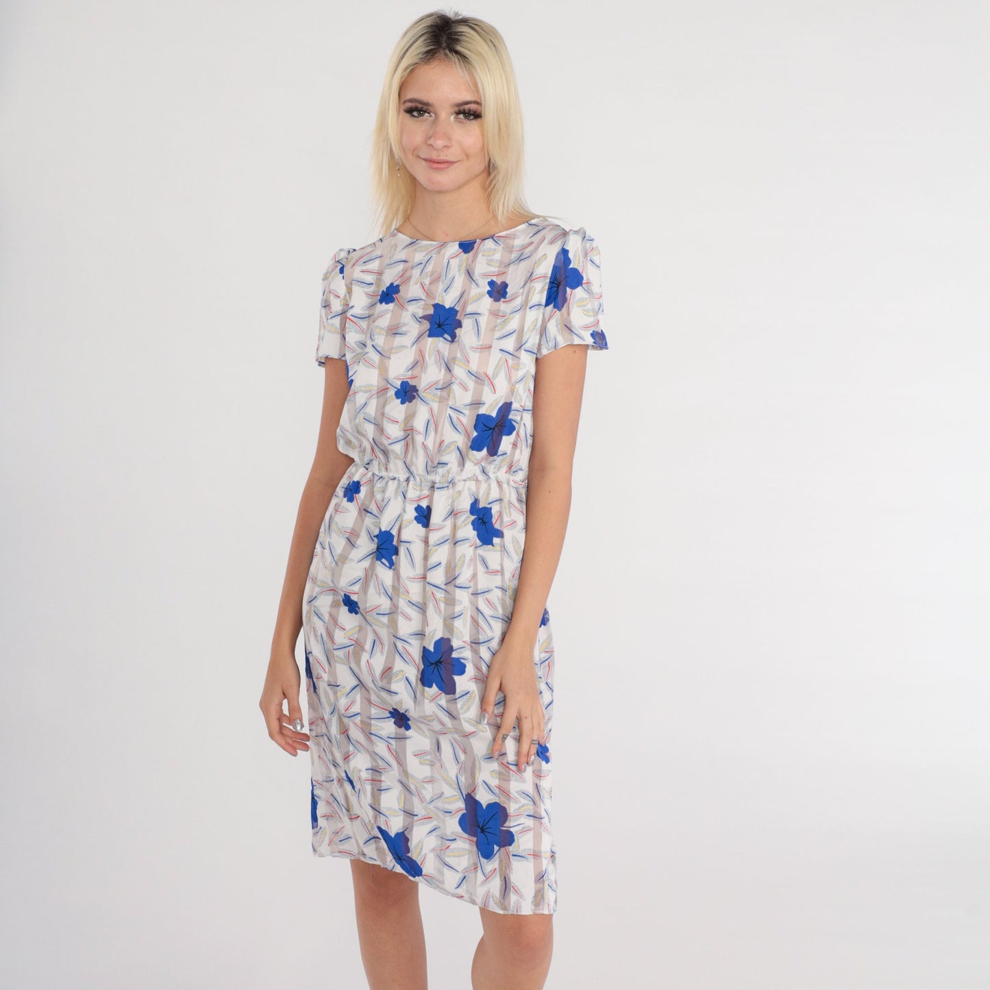 80s Striped Floral Hibiscus Leaf Print Dress High Waist Short Sleeve Knee Length XS