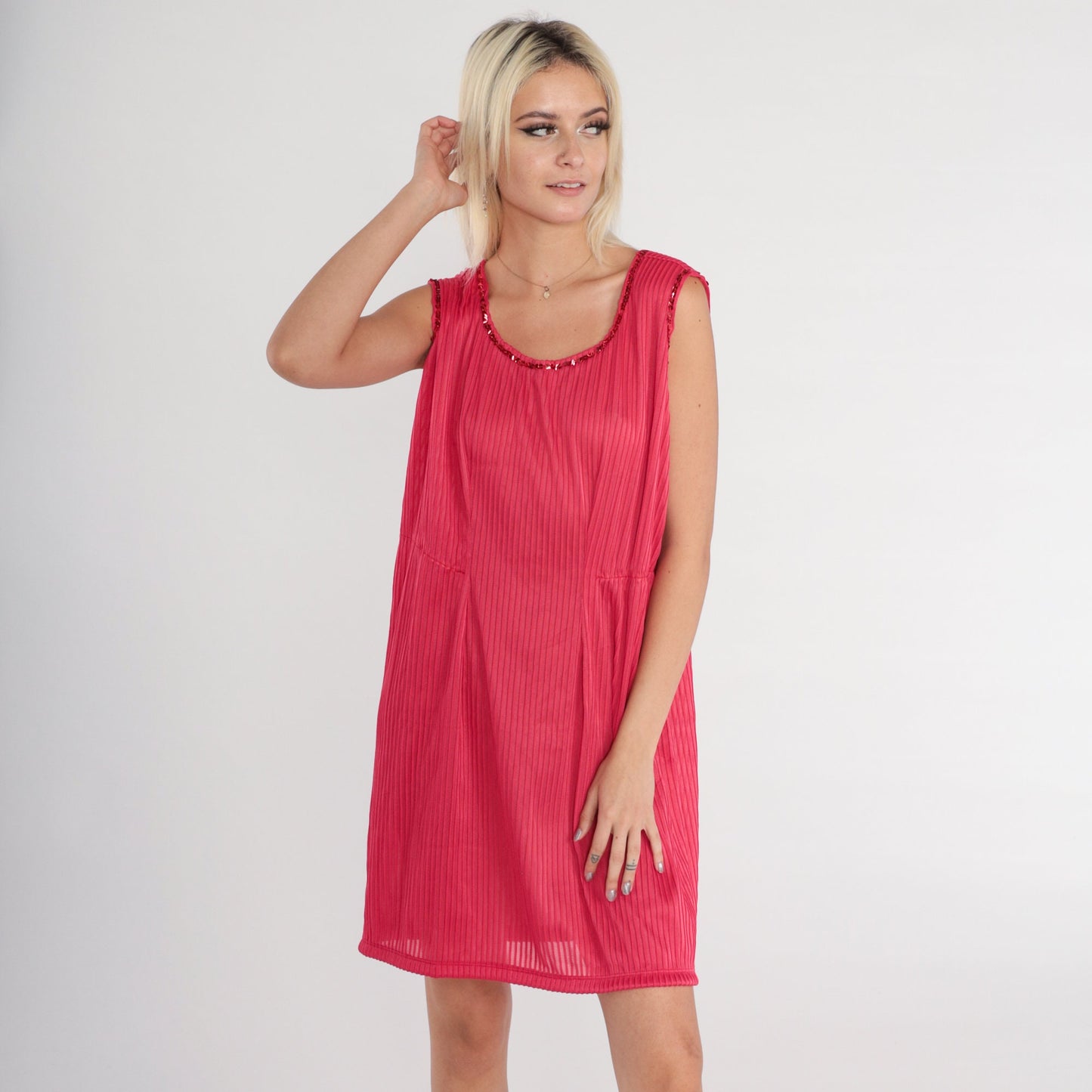 70s Dark Pink Mini Dress Sequin Trim Pleated Shift Sleeveless XS