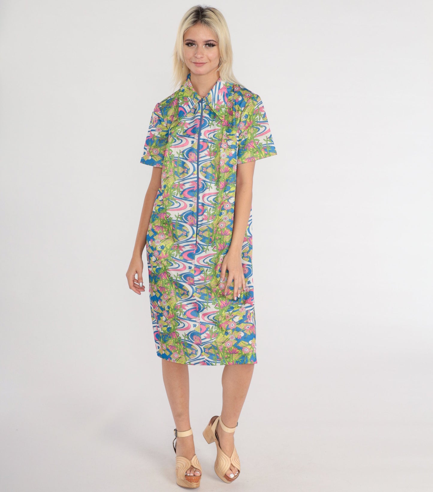 70s Psychedelic Floral Midi Shift Dress Zip Front Collar Short Sleeve Large L