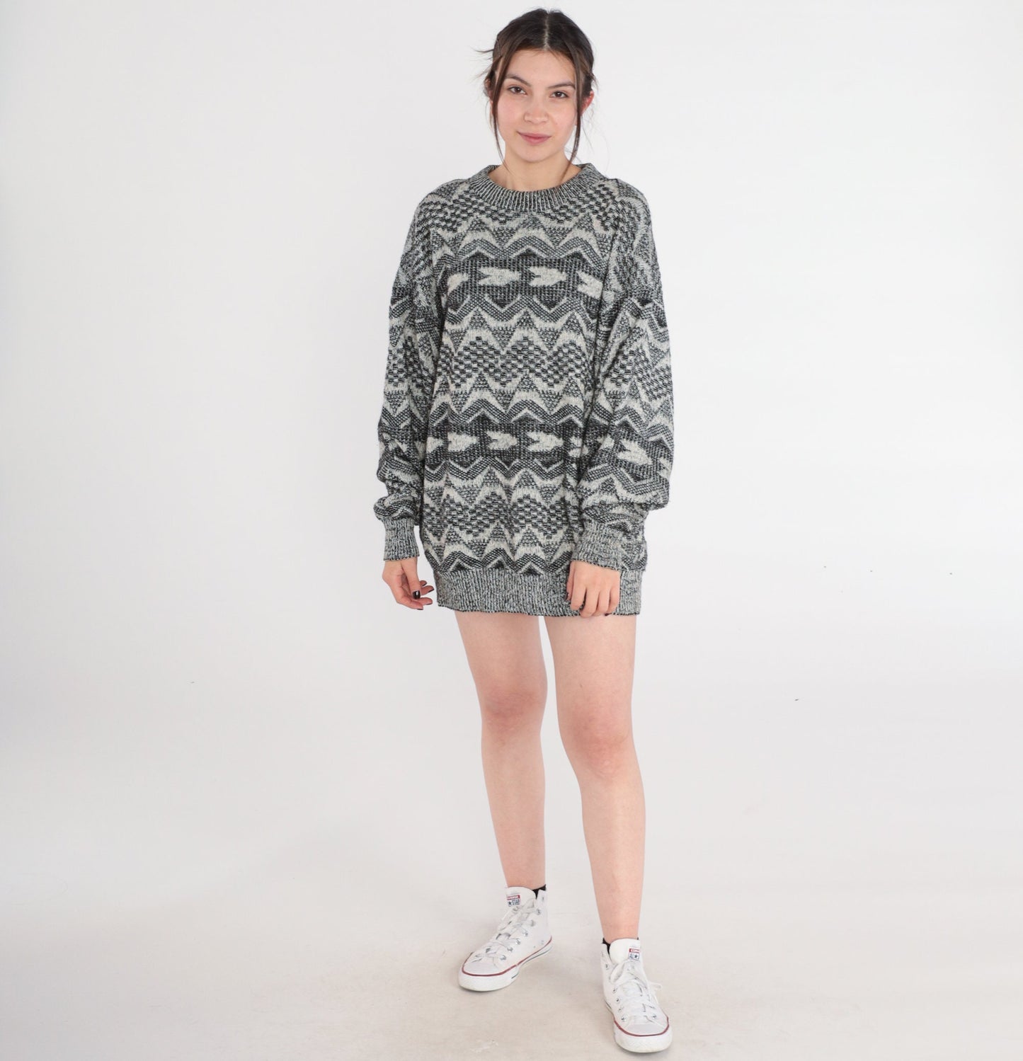 90s Geometric Triangle Wool Blend Sweater Crewneck Pullover Grey Large