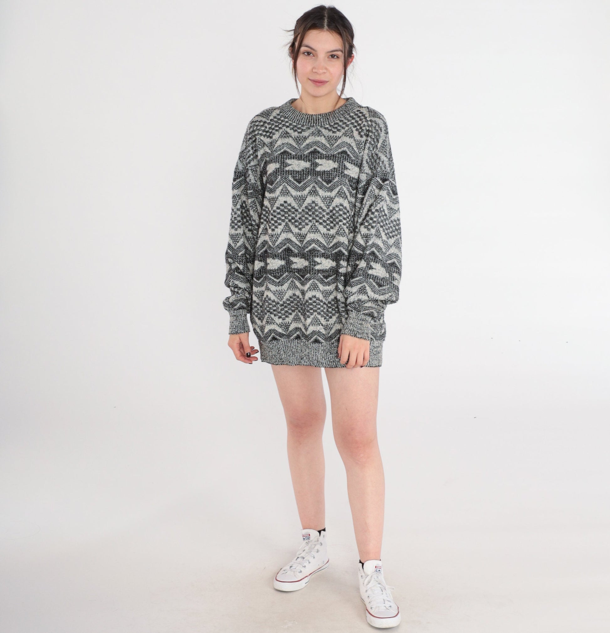90s Geometric Triangle Wool Blend Sweater Crewneck Pullover Grey Large