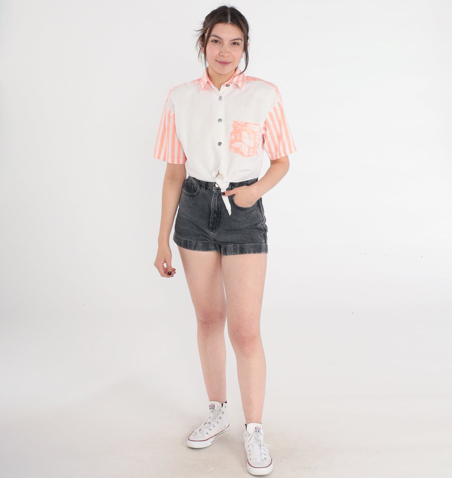 90s Gitano Tropical Floral Crop Top White Peach Striped Button Up Small