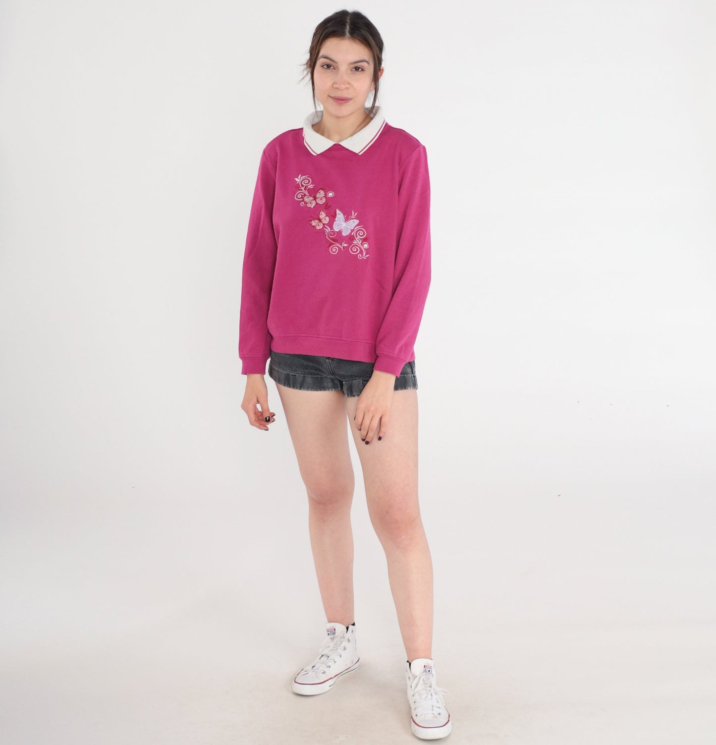 90s Butterfly Embroidered Sweatshirt Berry Pink Collared Medium M