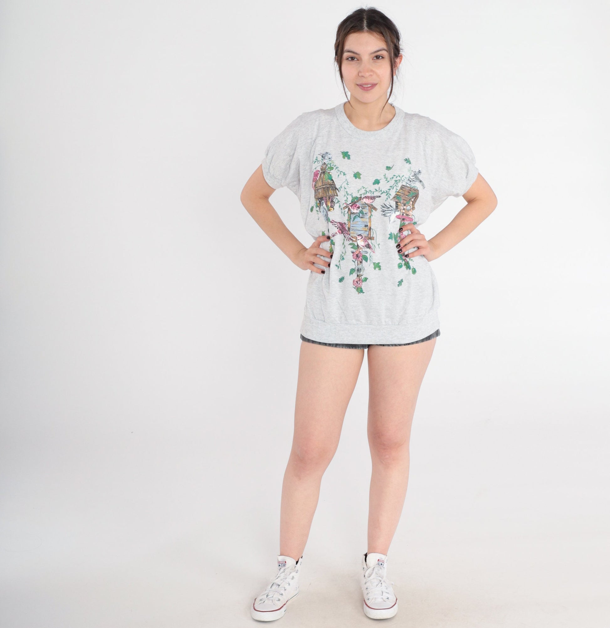 90s Birdhouse Graphic T-Shirt Heather Grey Banded Hem Large L