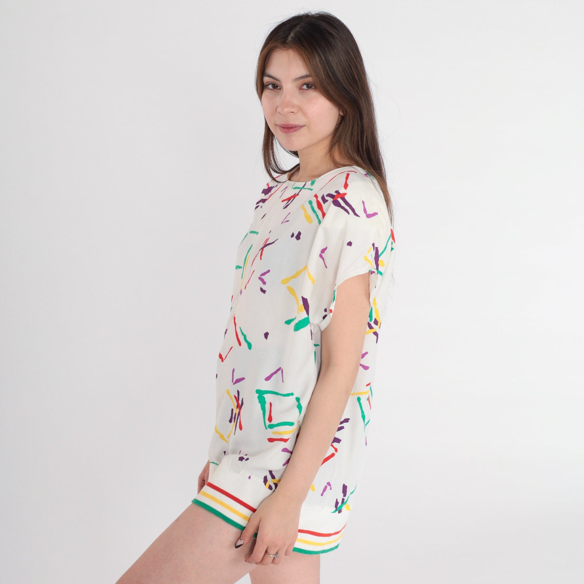 80s Campus Casuals Tunic Top Abstract Geometric Square Print White Extra Large