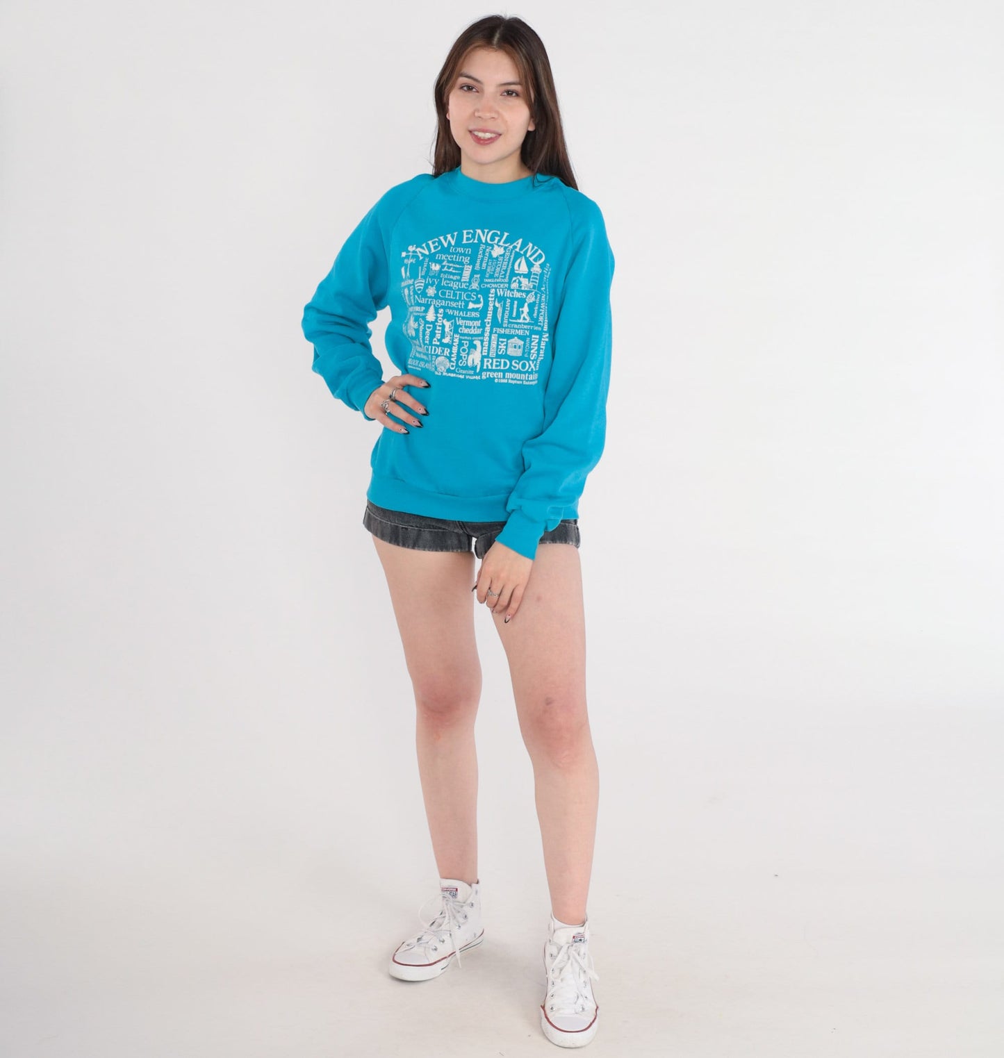 80s New England Raglan Sweatshirt Blue Graphic Crewneck Large