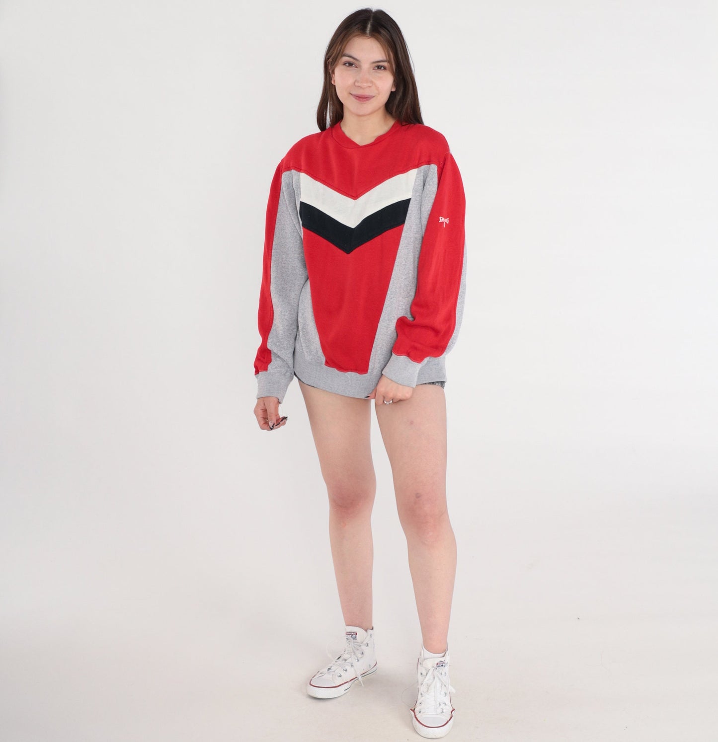 80s Spalding Chevron Striped Crewneck Sweatshirt Colour Block Small