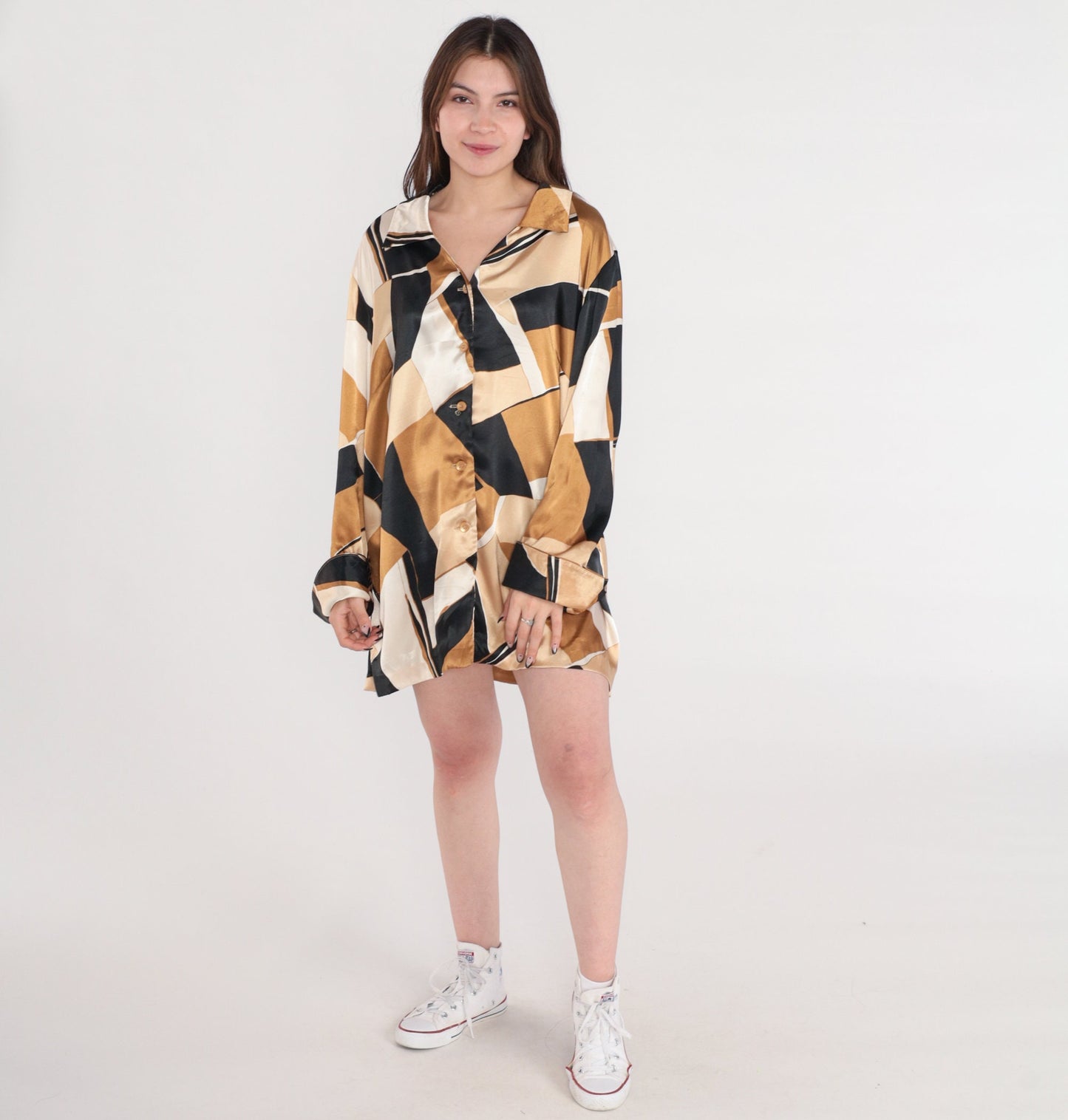 Y2K Abstract Print Button-Up Blouse Long Sleeve Brown Black Cream Extra Large