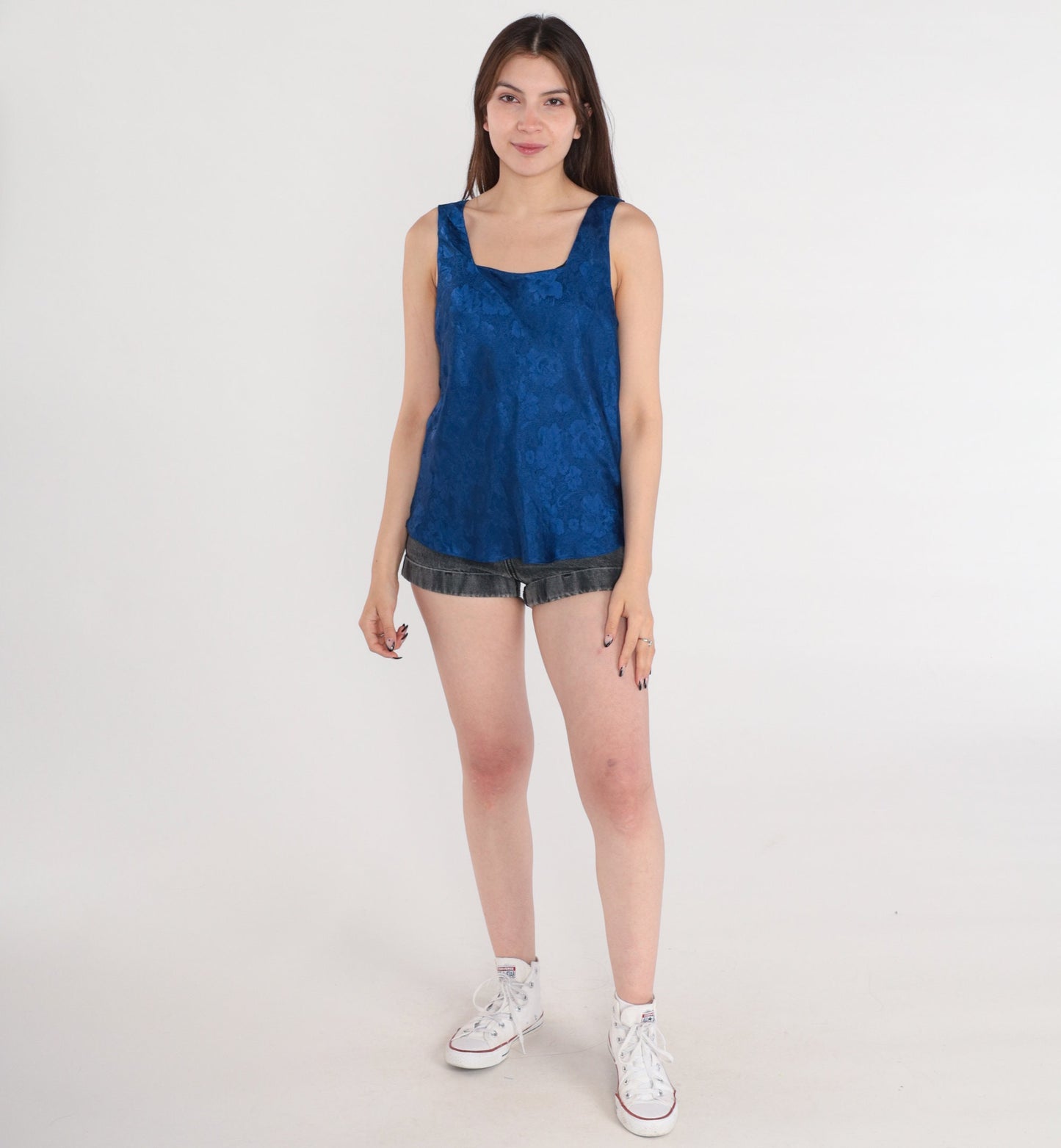 90s Navy Floral Embossed Satin Camisole Tank Top Medium M