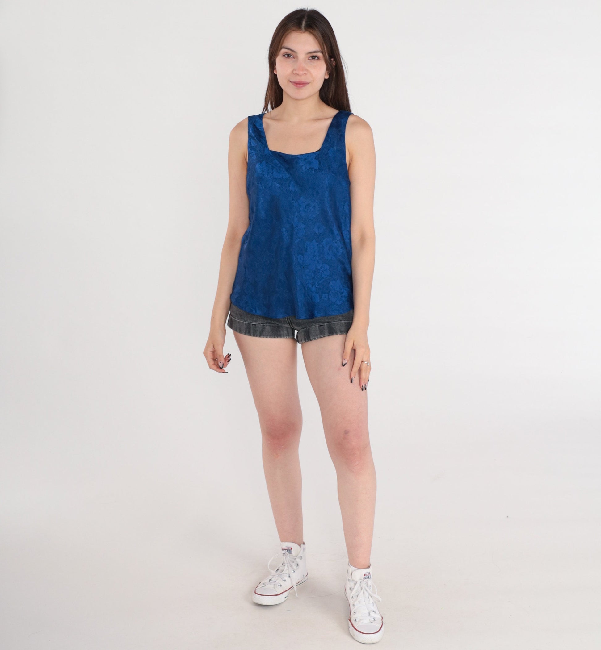 90s Navy Floral Embossed Satin Camisole Tank Top Medium M