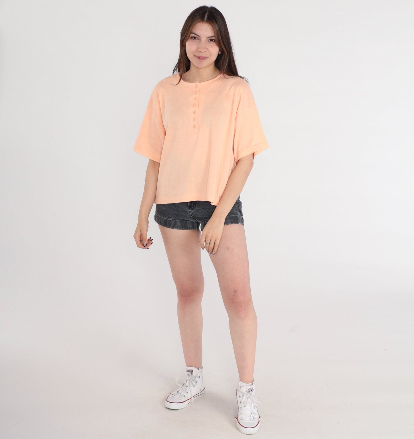 80s Catalina Peach Henley T-Shirt Cotton Single Stitch Medium