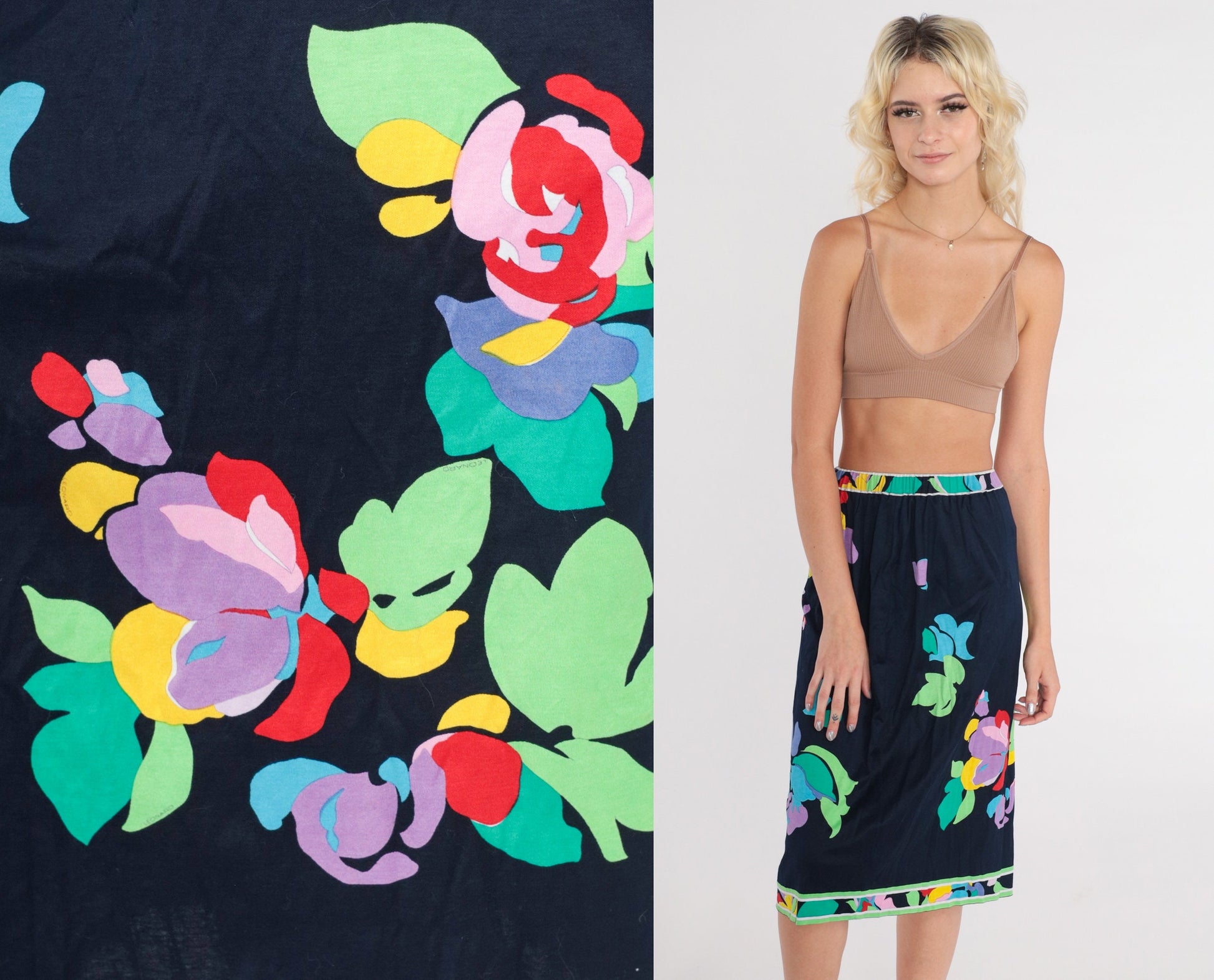 70s Leonard Floral Midi Skirt Navy High Waist Cotton Small