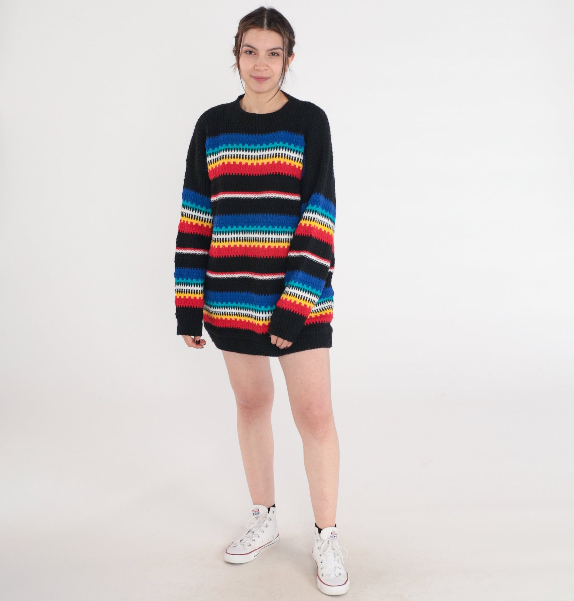 80s Cuddle Knit Striped Crewneck Sweater Black Multicolor Small S