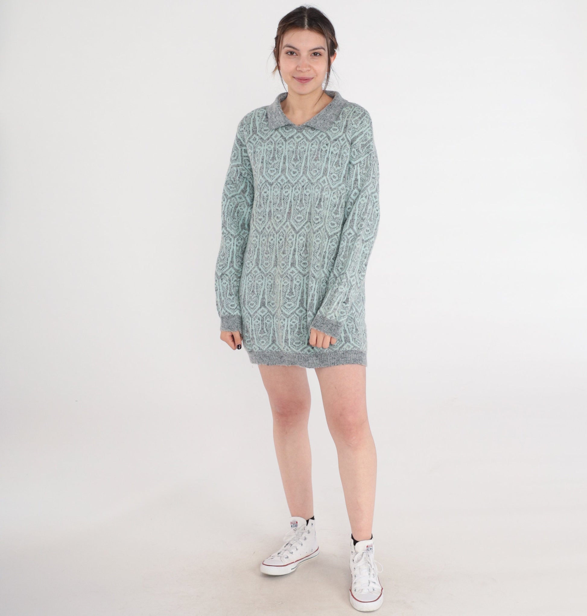 90s Face Print Collared Knit Sweater Grey Blue Pullover Medium M
