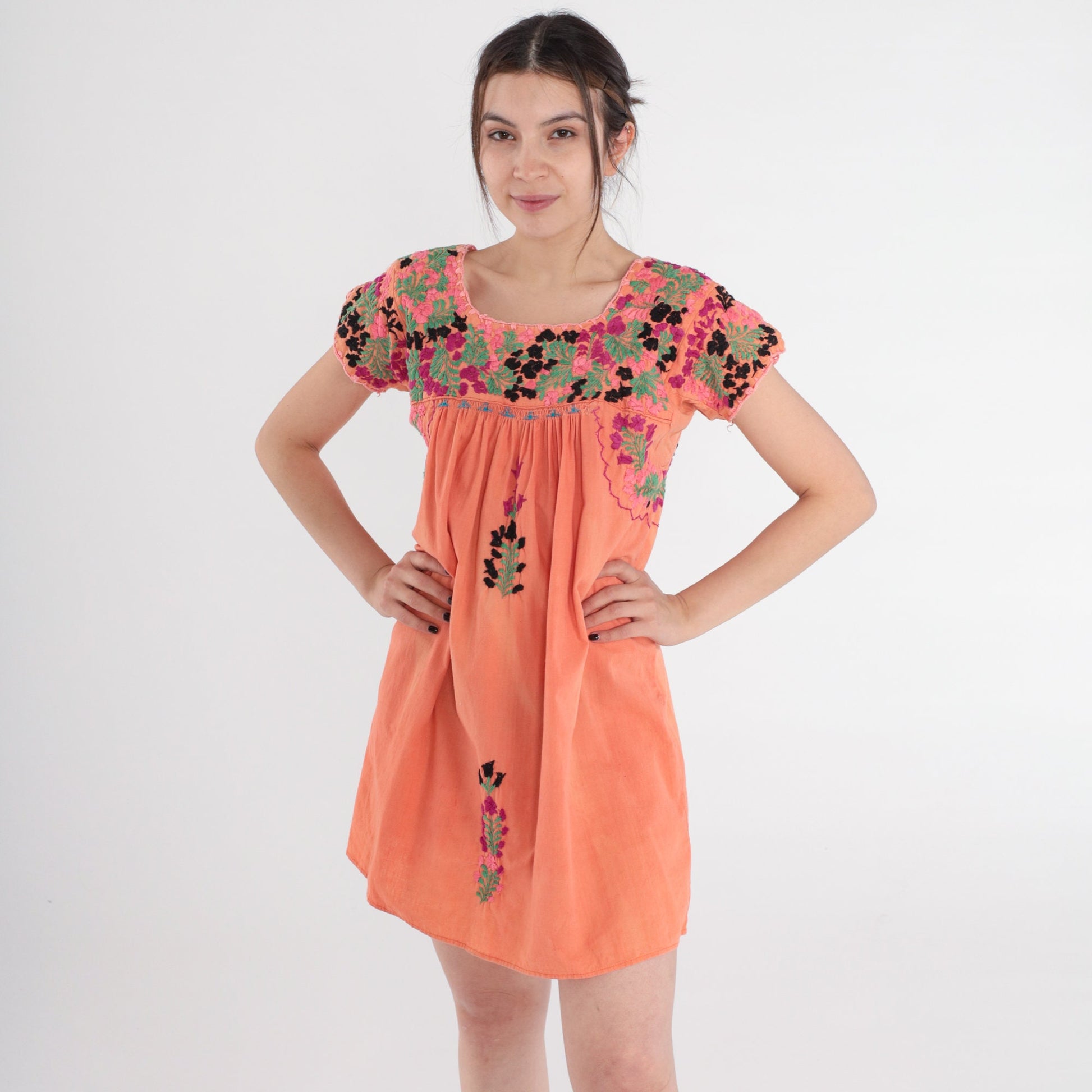 70s Oaxacan Floral Embroidered Mini Dress Orange Cotton Peasant Small