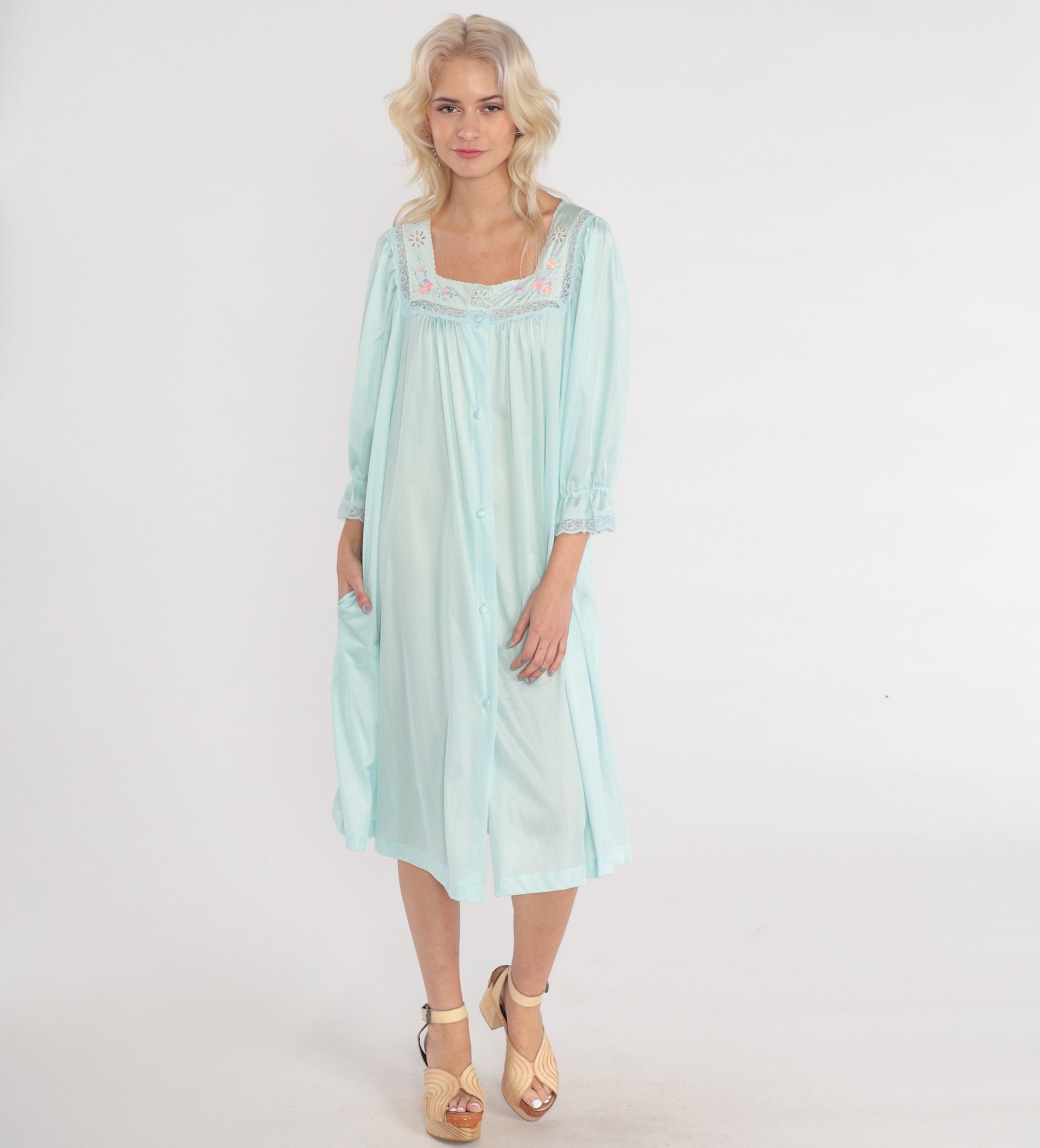 70s Blue Floral Embroidered Nylon Pajama Dress Midi Nightgown Large L