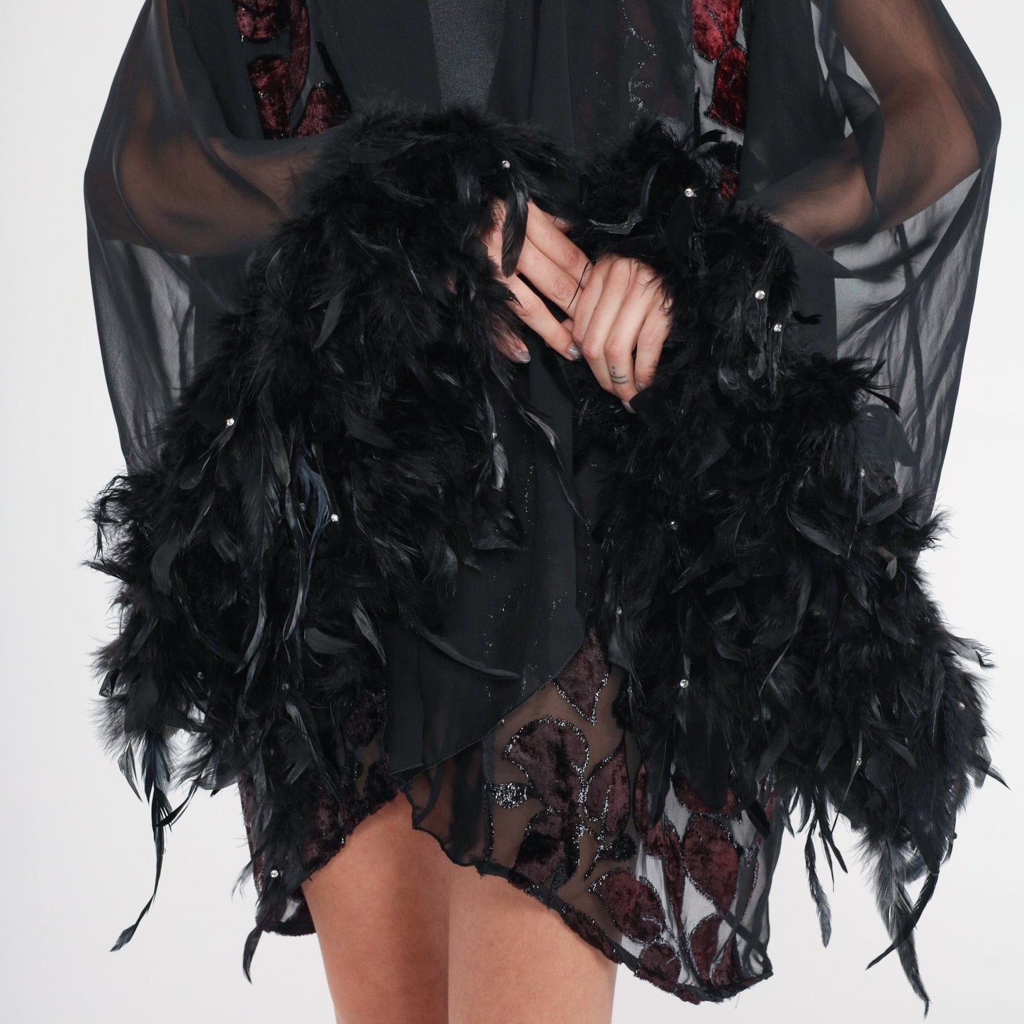 90s Fredricks of Hollywood Black Sheer Robe Velvet Burnout Leaf Feather Trim Medium Large