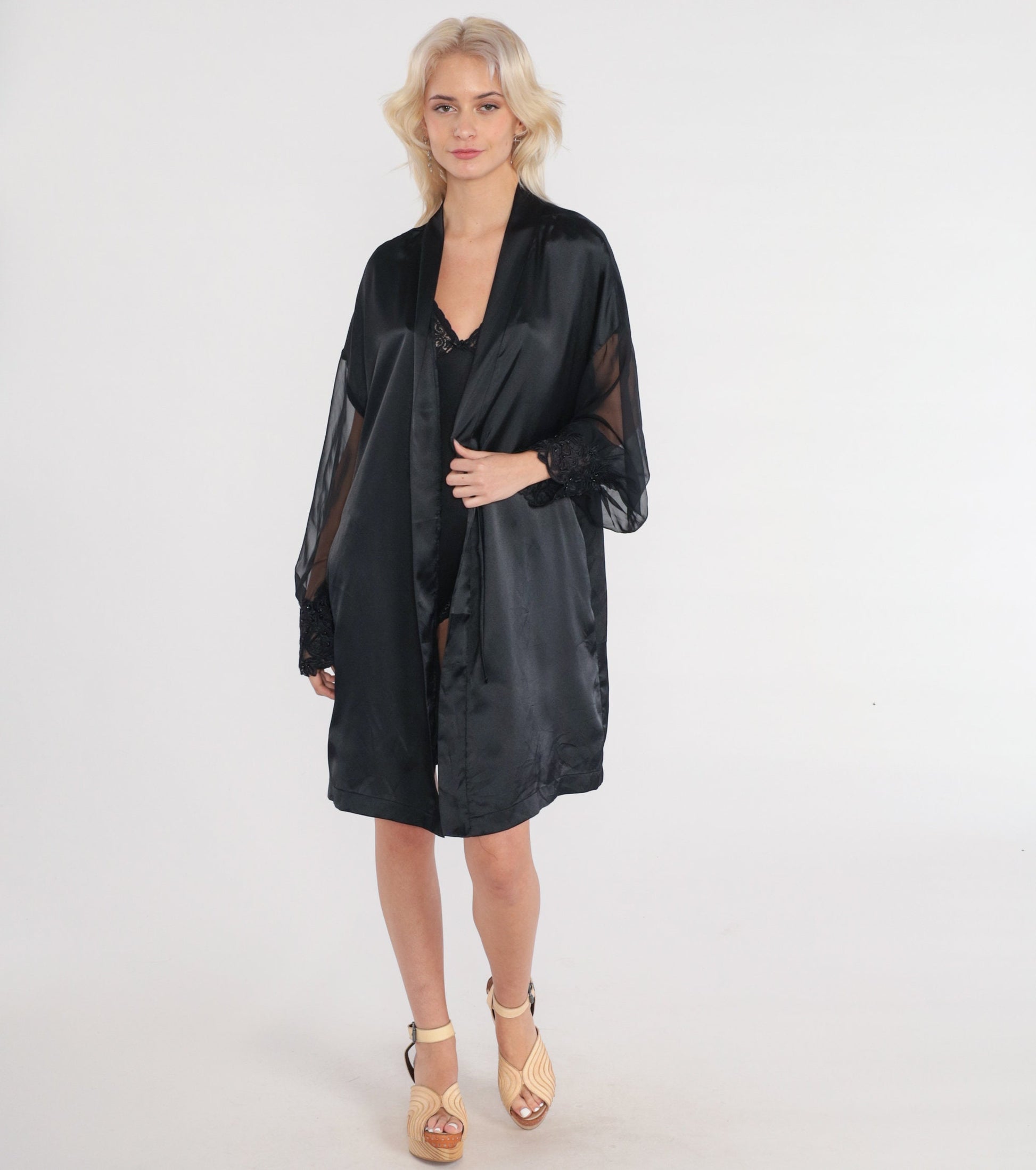 90s Black Bed Jacket Floral Lace Trim Open Front Robe Large L
