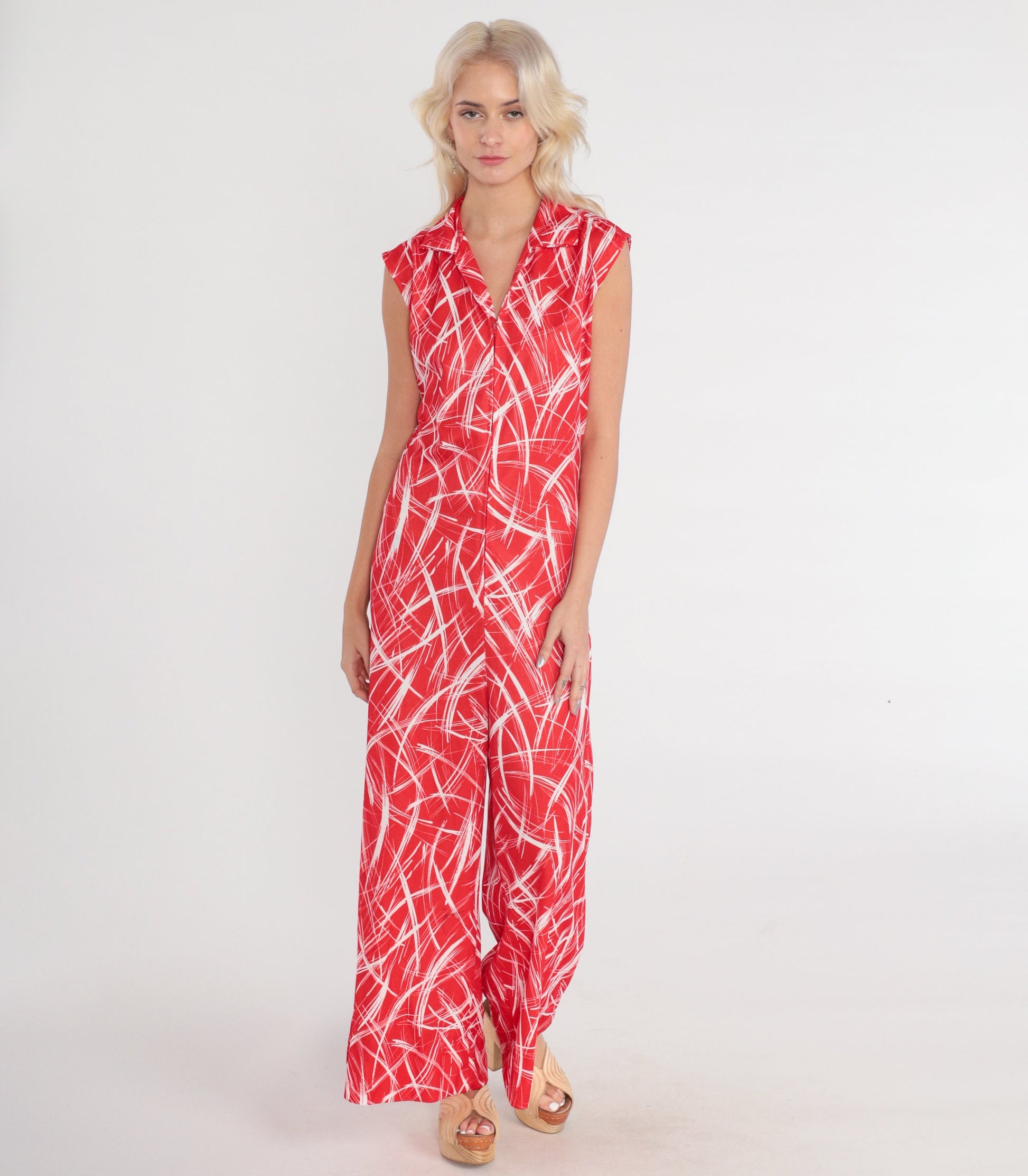 70s Red White Abstract Print Jumpsuit Wide Leg Sleeveless Zip Collar Medium
