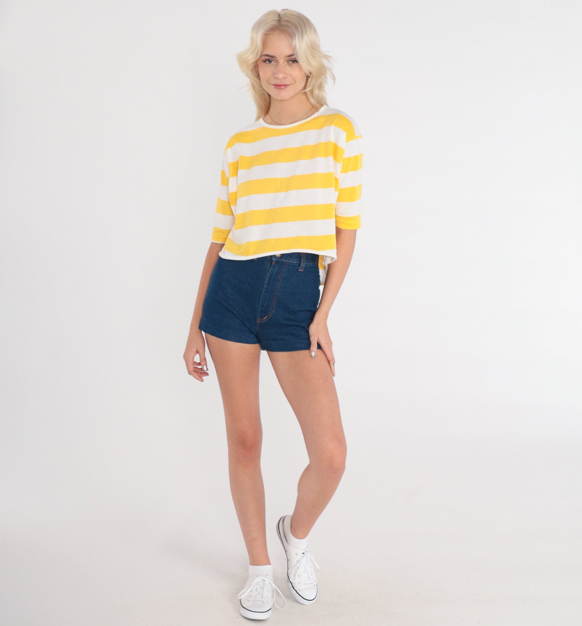 90s Yellow & White Striped Crop Top Half Sleeve Cotton Tee Medium