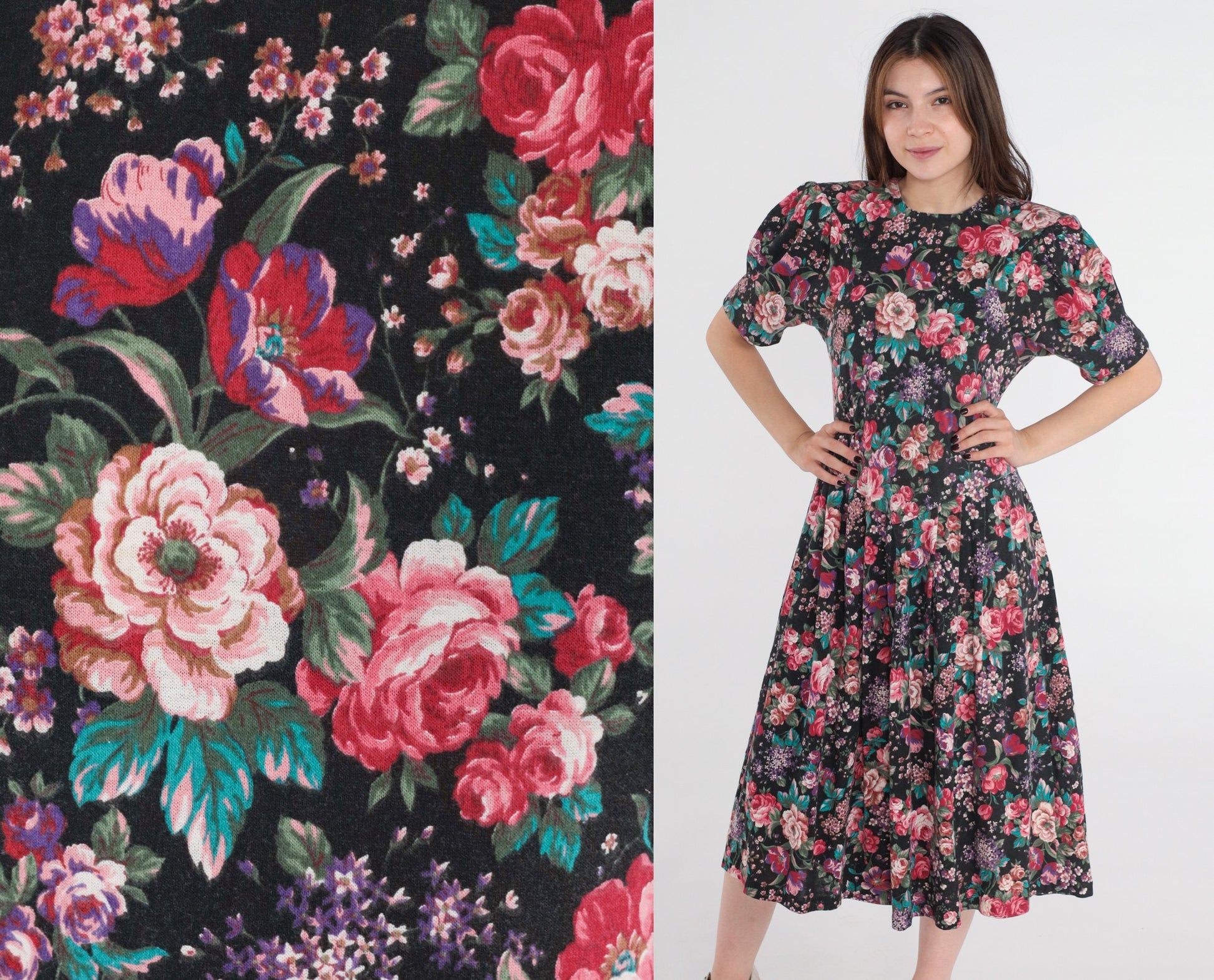 80s Forenza Floral Midi Dress Puff Sleeve Drop Waist Pink Extra Small