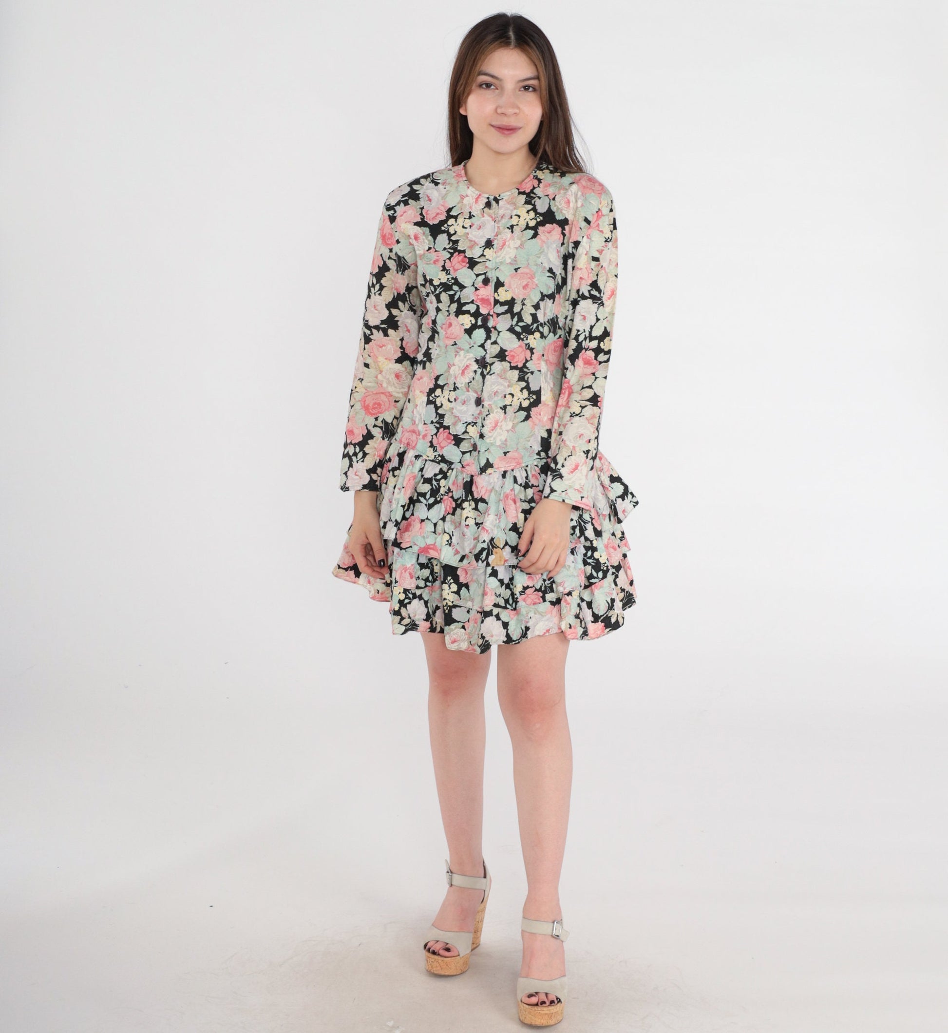 80s Byer Too Floral Mini Dress Drop Waist Tiered Ruffle Cotton Small