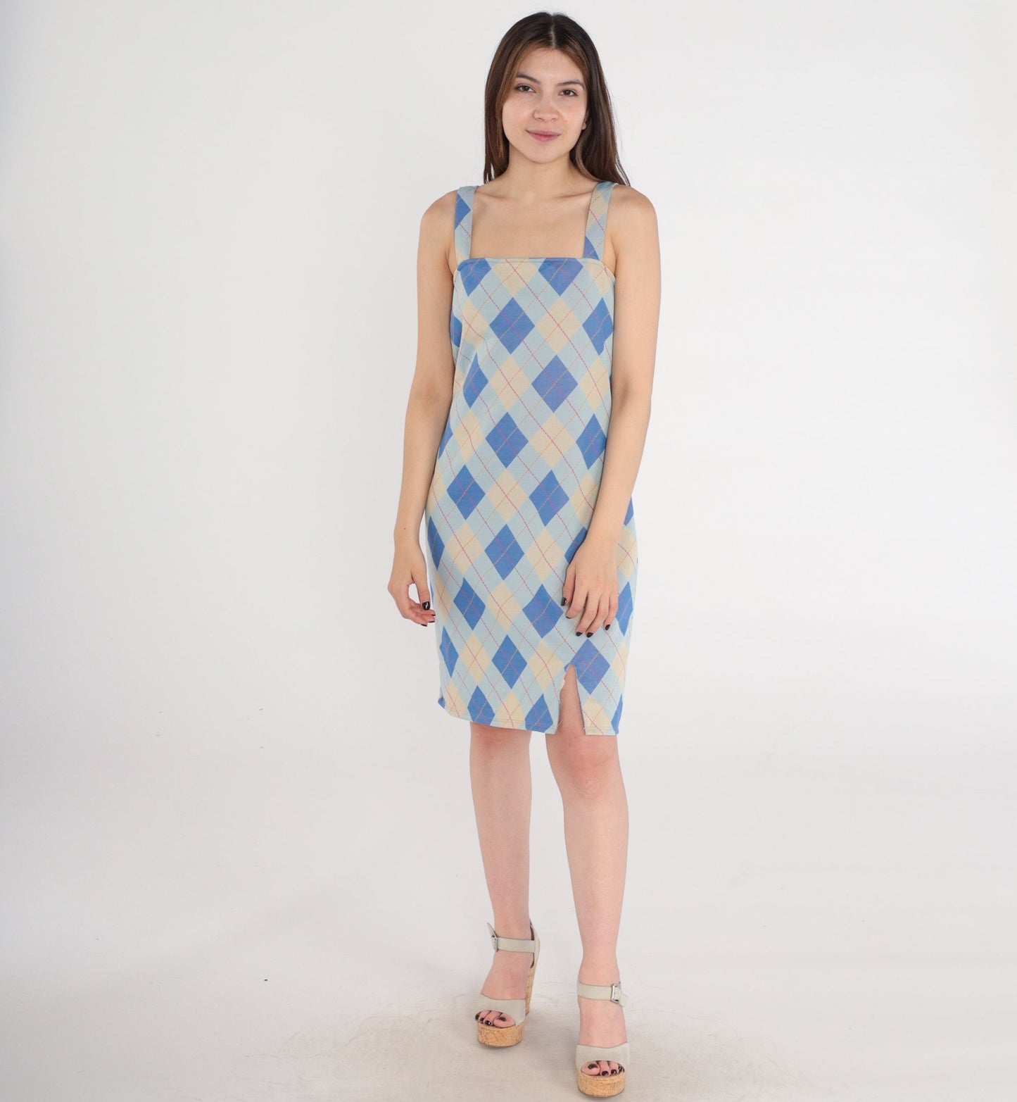 Y2K Blue Plaid Mini Shift Dress Spaghetti Strap Checkered Small Medium