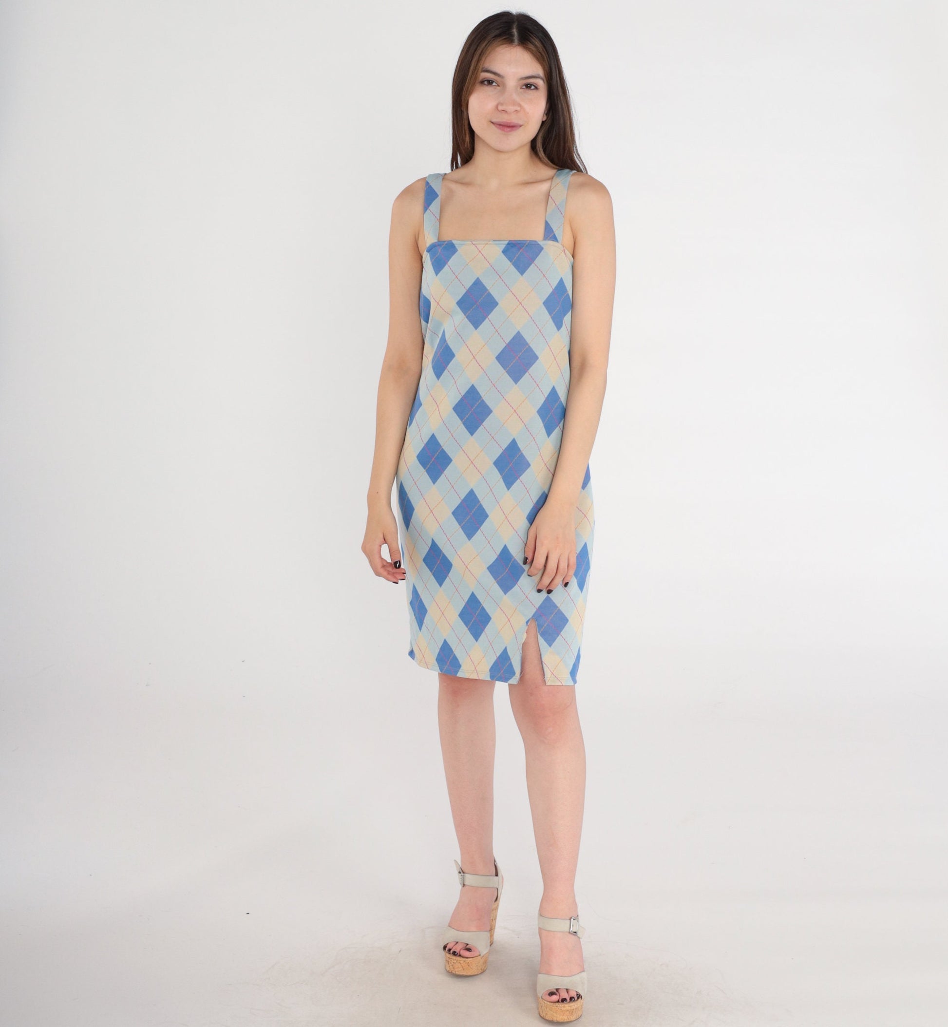 Y2K Blue Plaid Mini Shift Dress Spaghetti Strap Checkered Small Medium