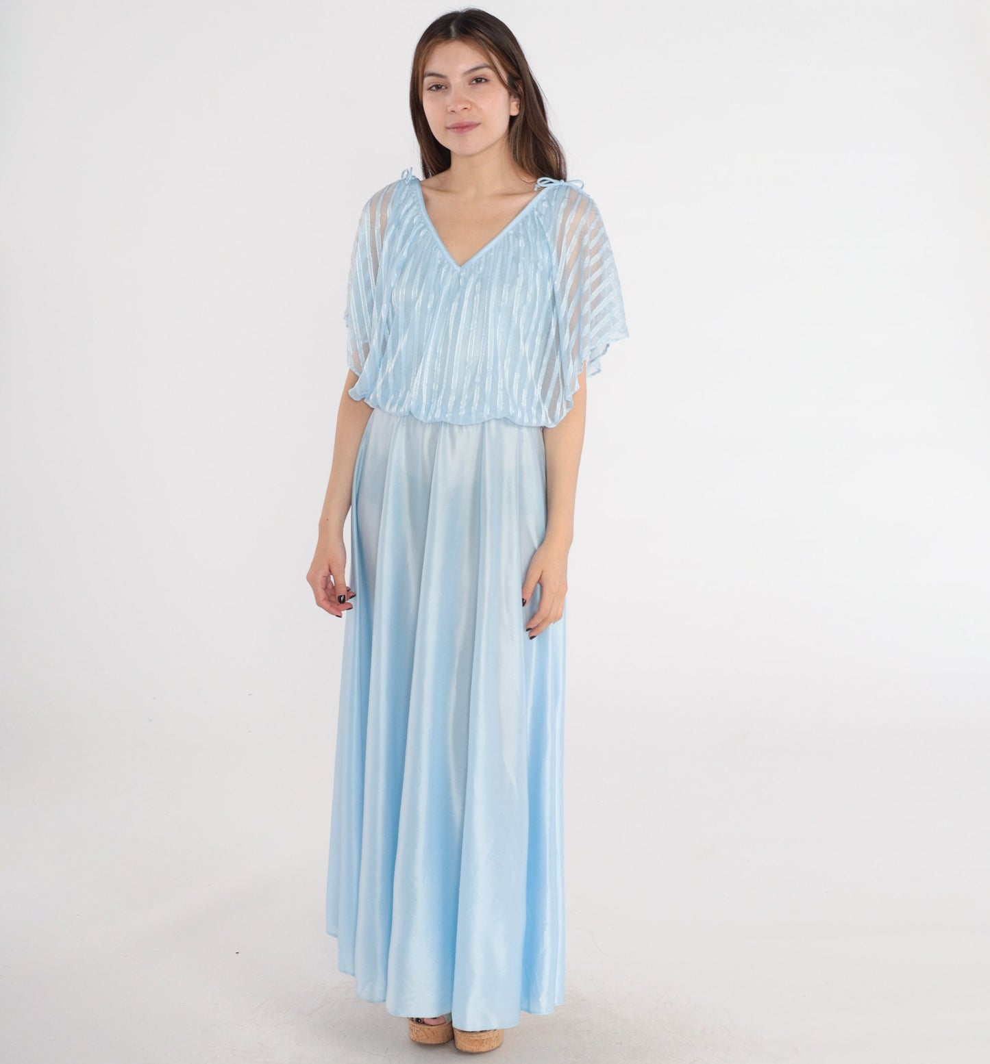 70s Baby Blue Maxi Dress Grecian High Waisted Flutter Sleeve Small
