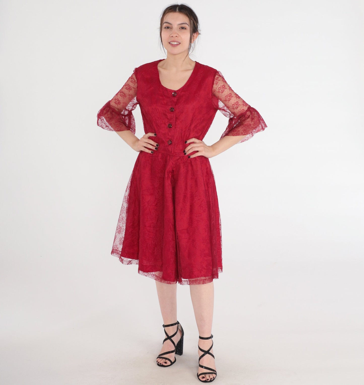 90s Red Lace Dress Button-Up Sheer Ruffle Sleeve Knee-Length Medium M