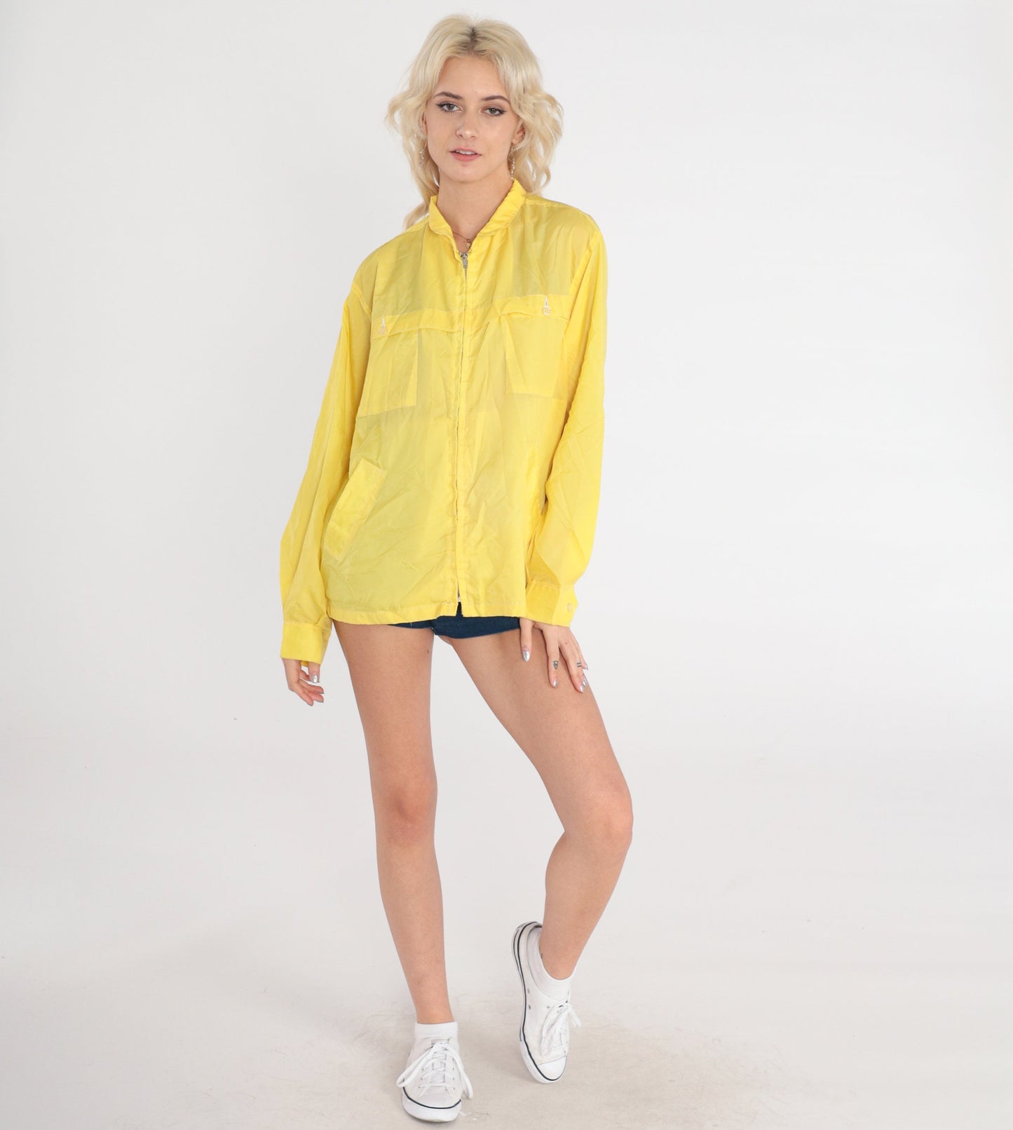 70s Yellow Nylon Windbreaker Jacket Semi-Sheer Shell Zip Front Medium