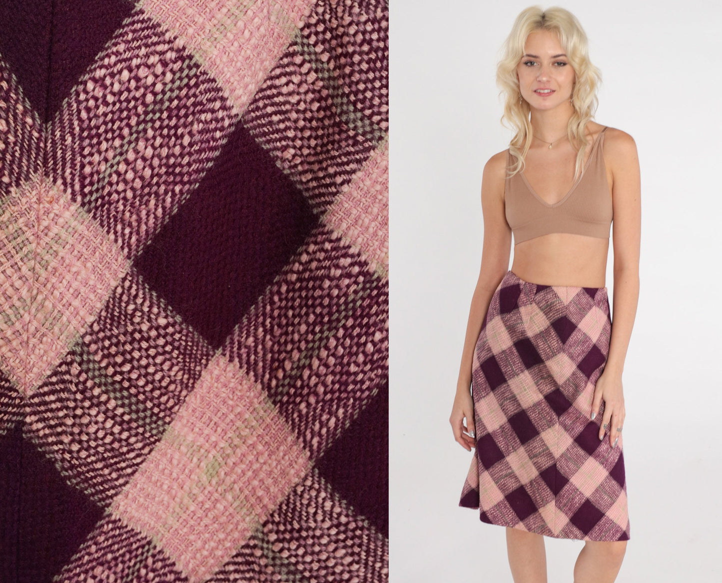 60s Pink Purple Checkered A-Line Skirt High Waist Knee Length Medium M