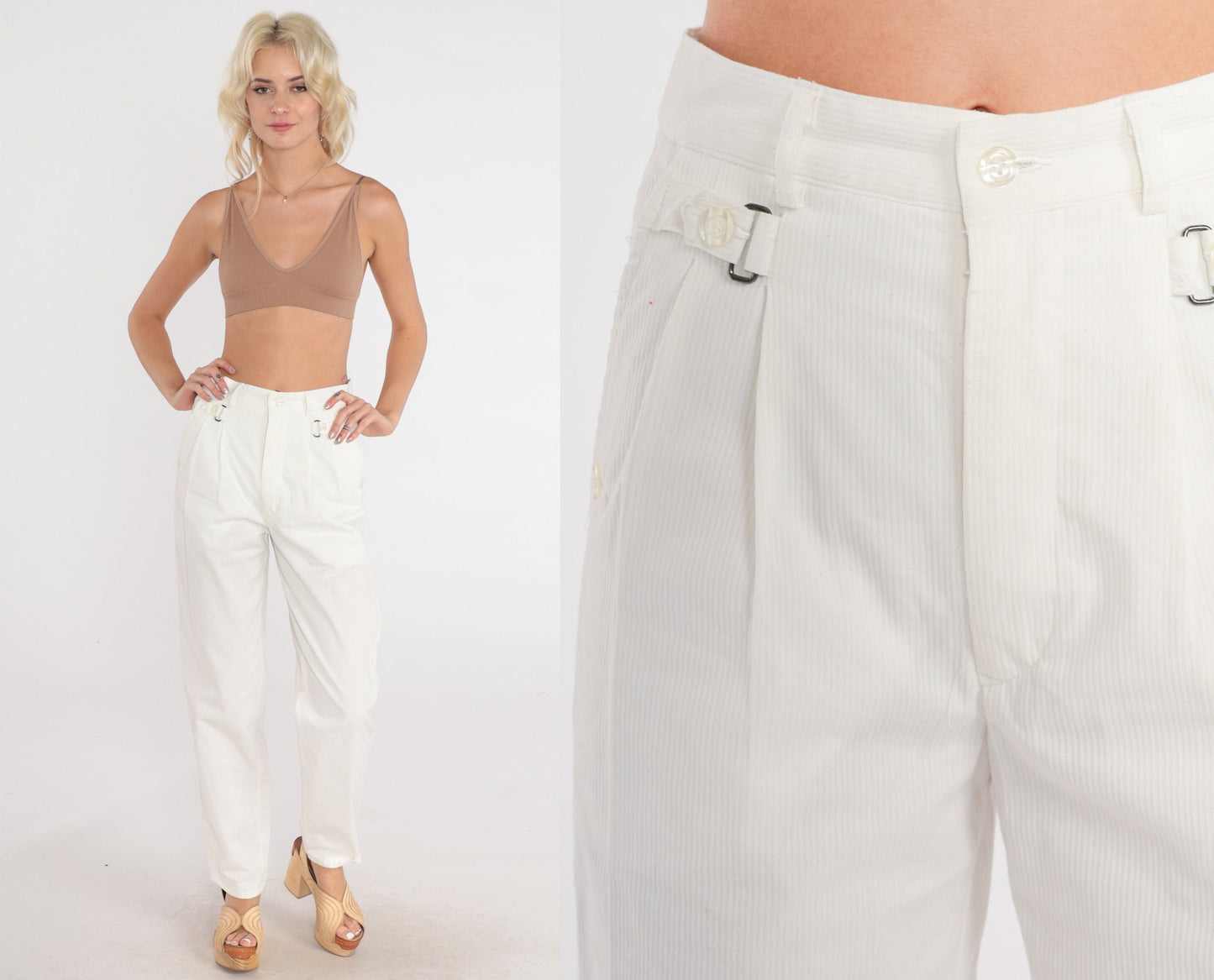 80s White Corduroy Pants High Waist Pleated Straight Leg Small