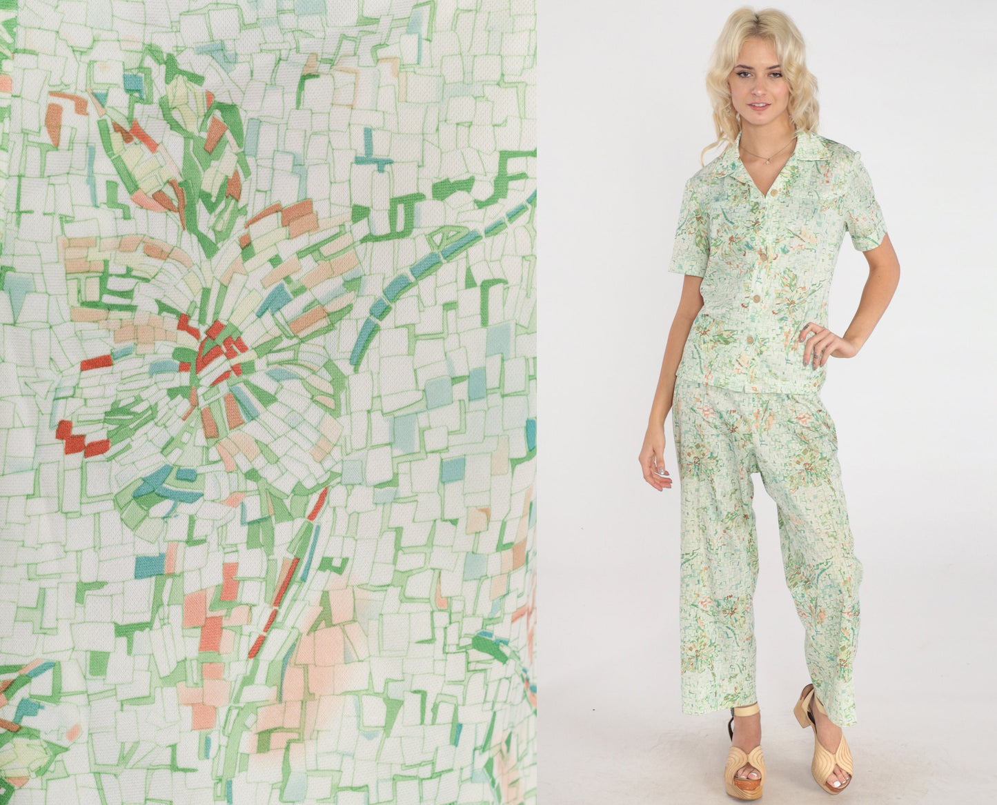 70s Floral Tile Print Two Piece Set Button Blouse Straight Pants Medium Large