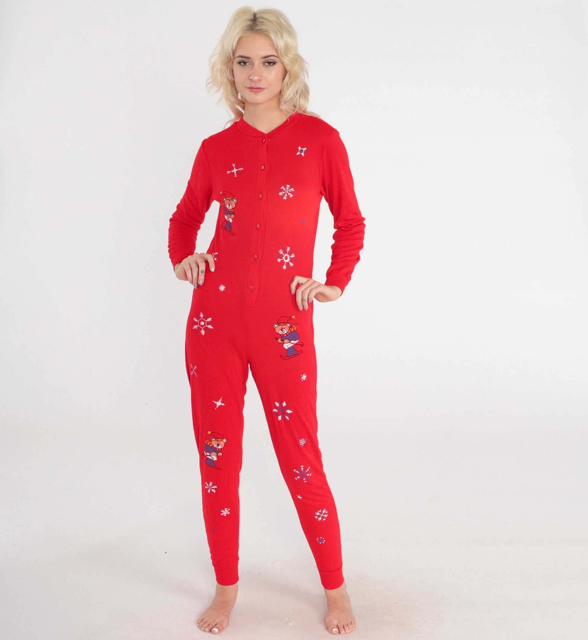 80s Red Pajama Jumpsuit Skiing Bears Snowflake Print Button-Up Extra Small