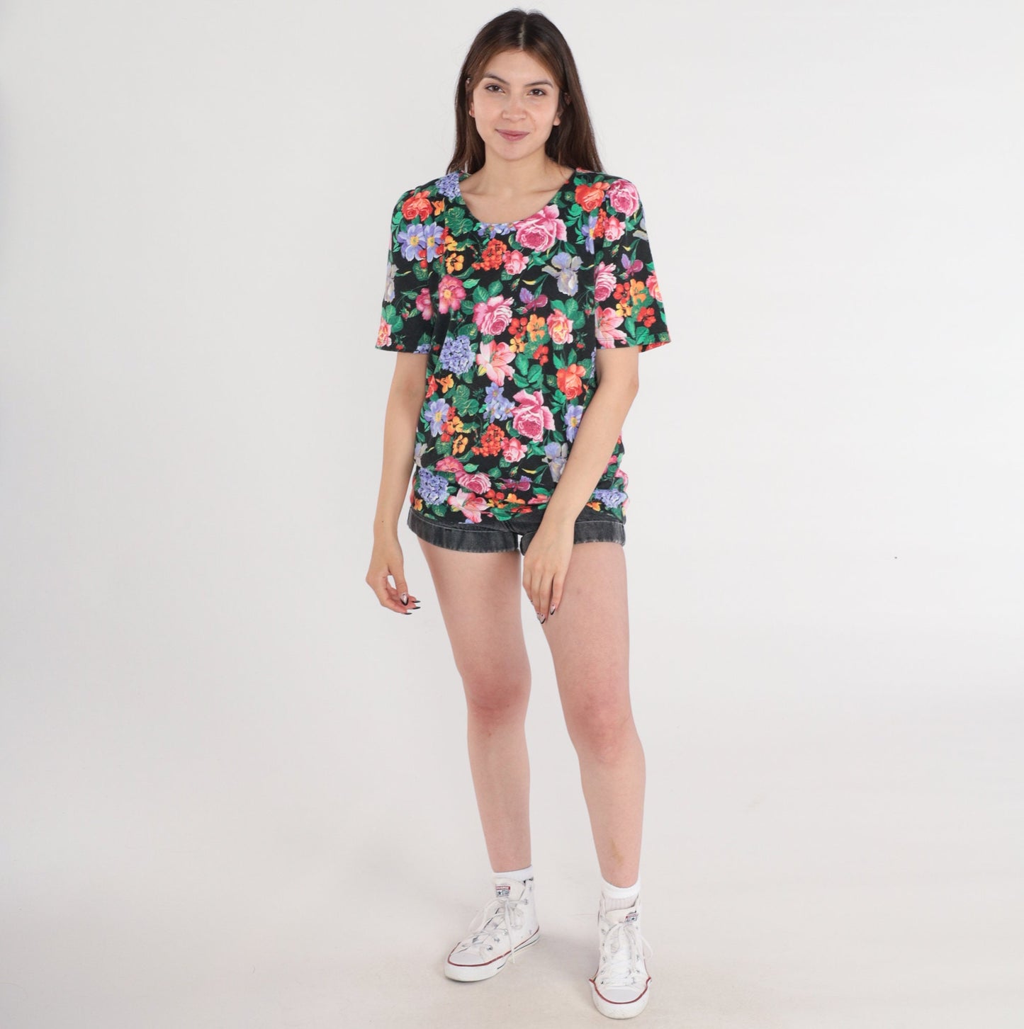 80s Fritzie Of California Black Floral Puff Sleeve Blouse Small