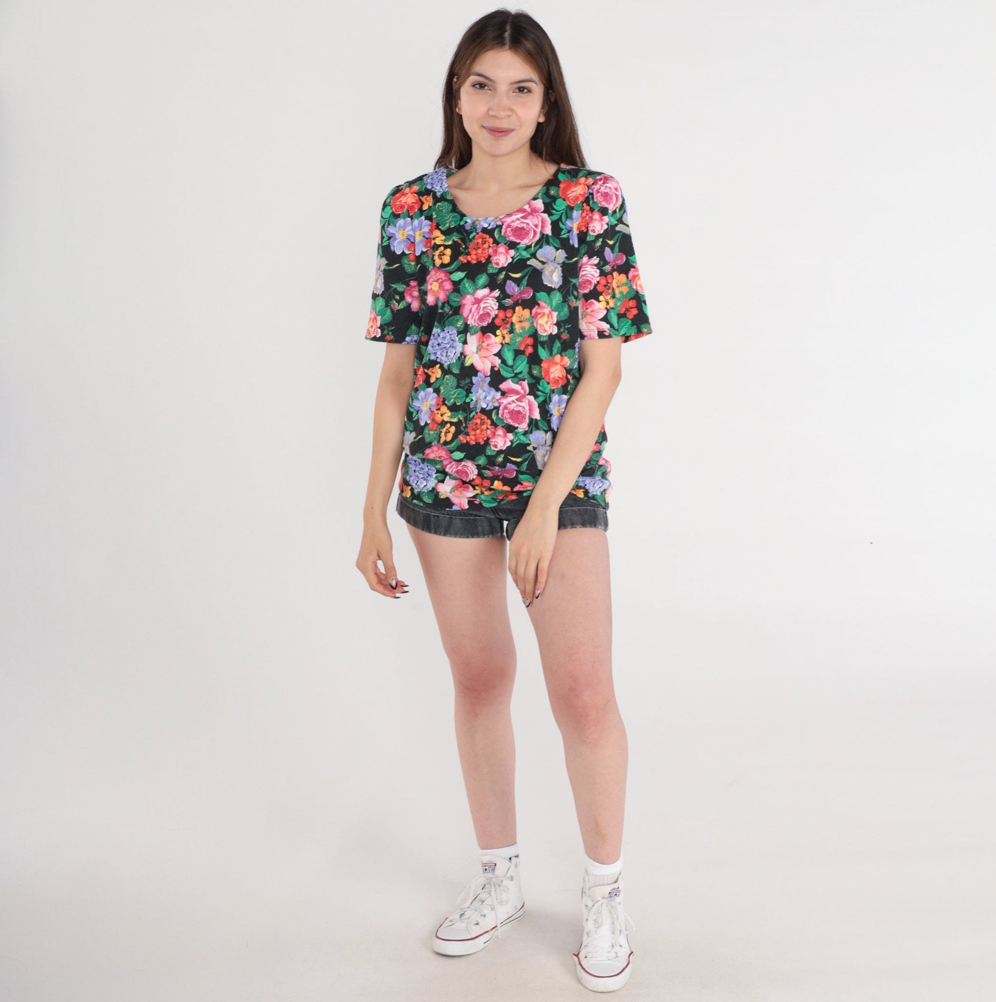 80s Fritzie Of California Black Floral Puff Sleeve Blouse Small