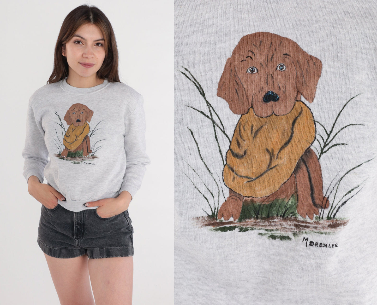 90s Chocolate Lab Painting Sweatshirt Heather Grey Graphic Crewneck XXS
