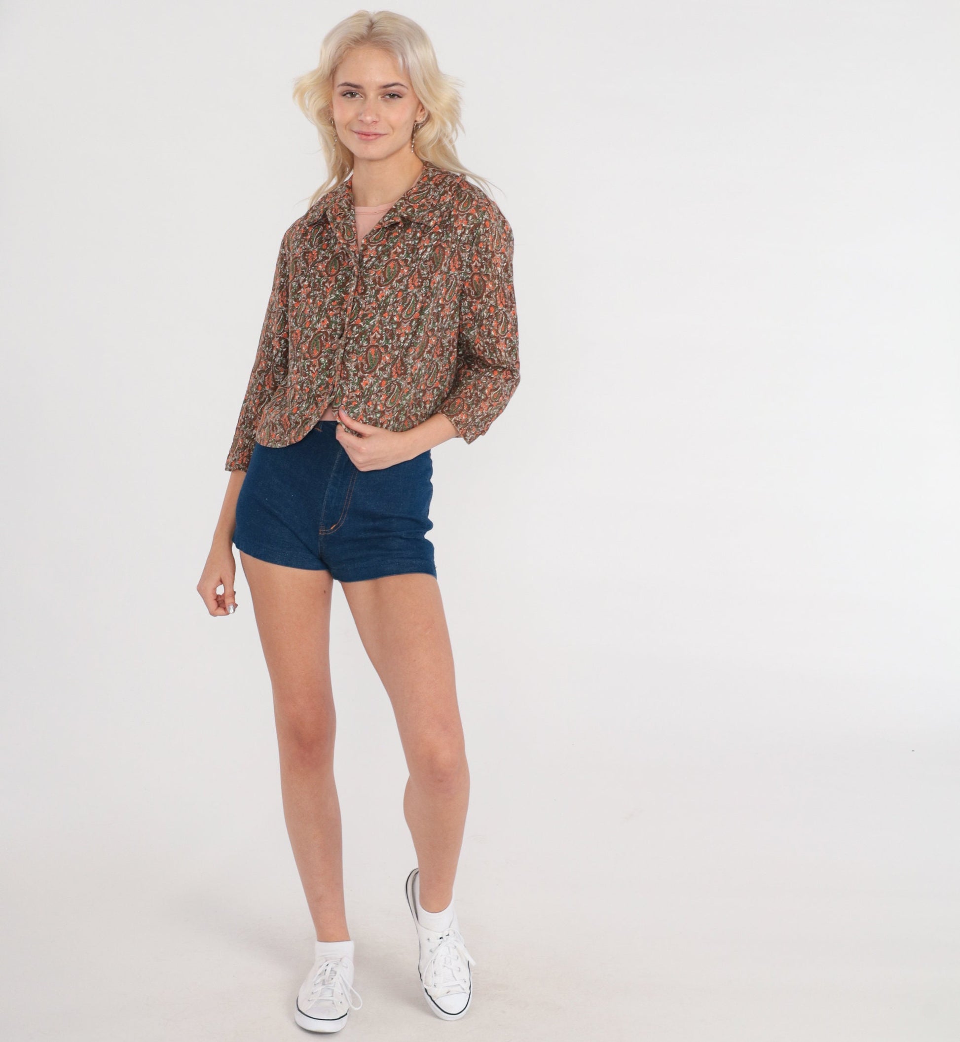 60s Paisley Cropped Jacket 3/4 Sleeve Button Up Brown Orange Green Extra Small
