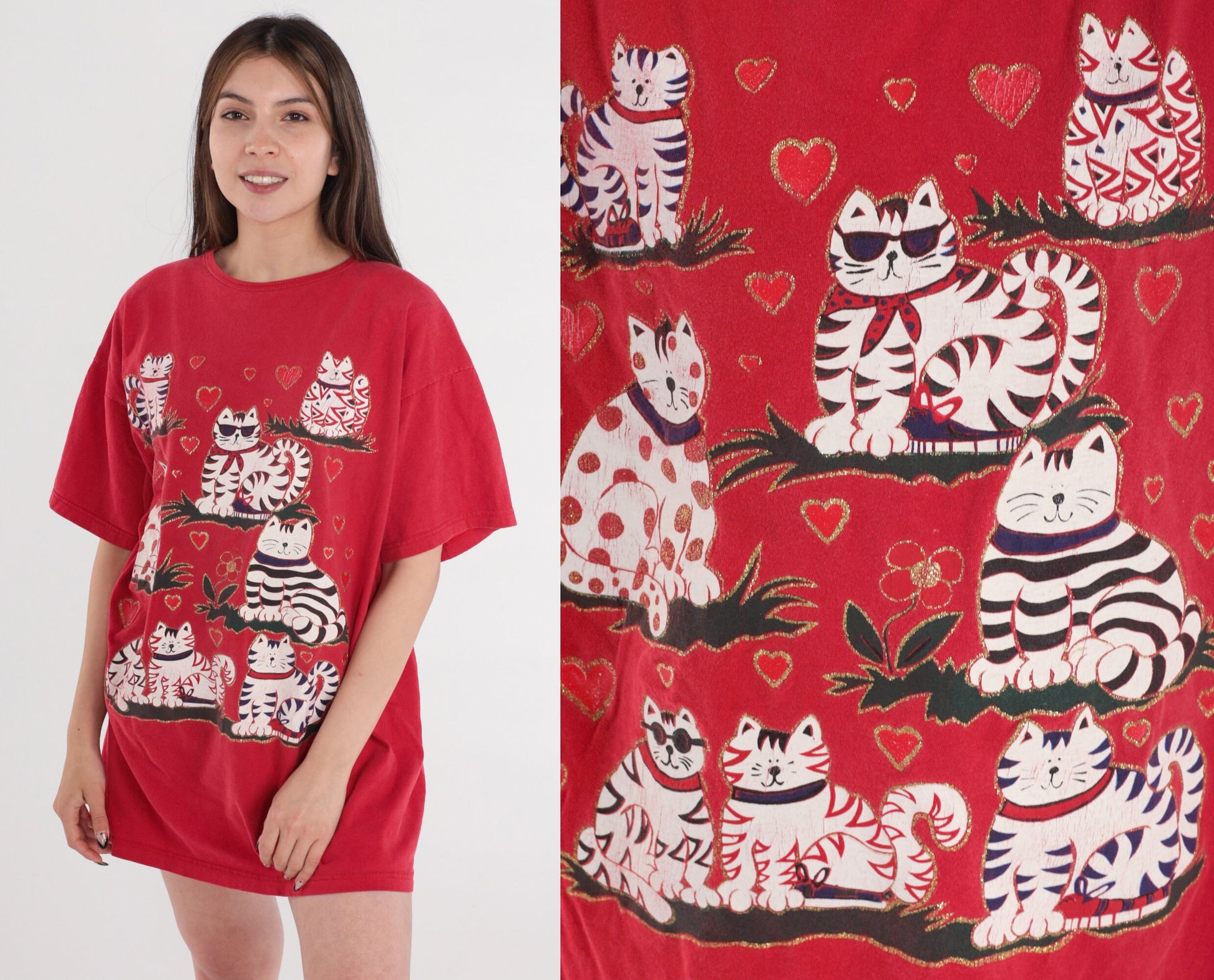 90s Glitter Cat T-Shirt Dress Red Graphic Sleep Shirt Mini One Size