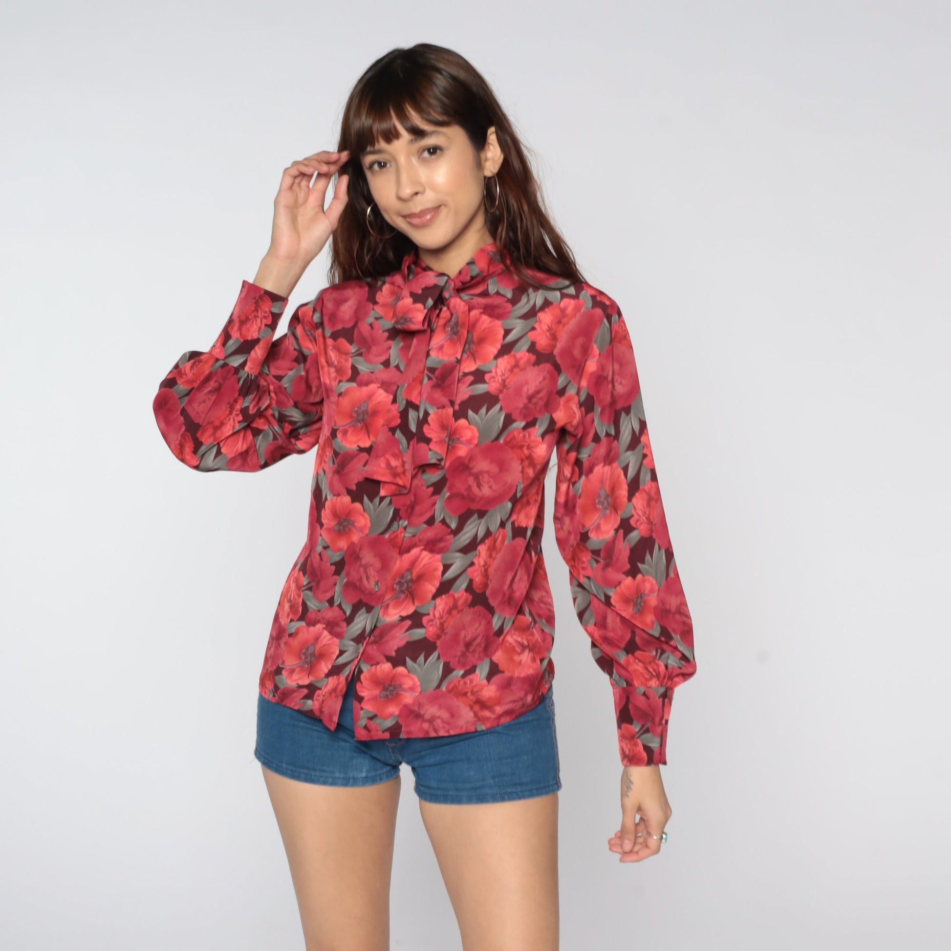 80s Jaeger Floral Ascot Blouse Red Button-Up Long Sleeve Small