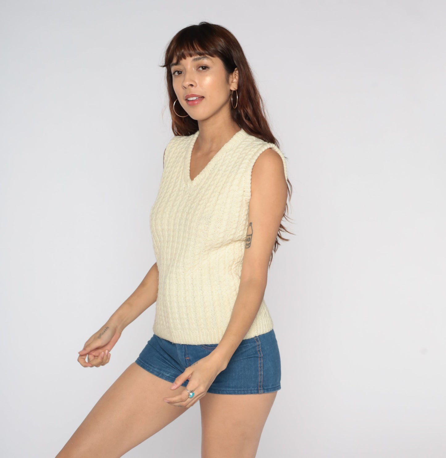 80s Cream Cable Knit Sweater Vest V-Neck Pullover Small S