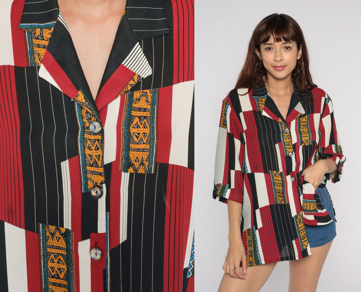 80s Geometric Striped Button Up Shirt Red Black White Yellow Large L