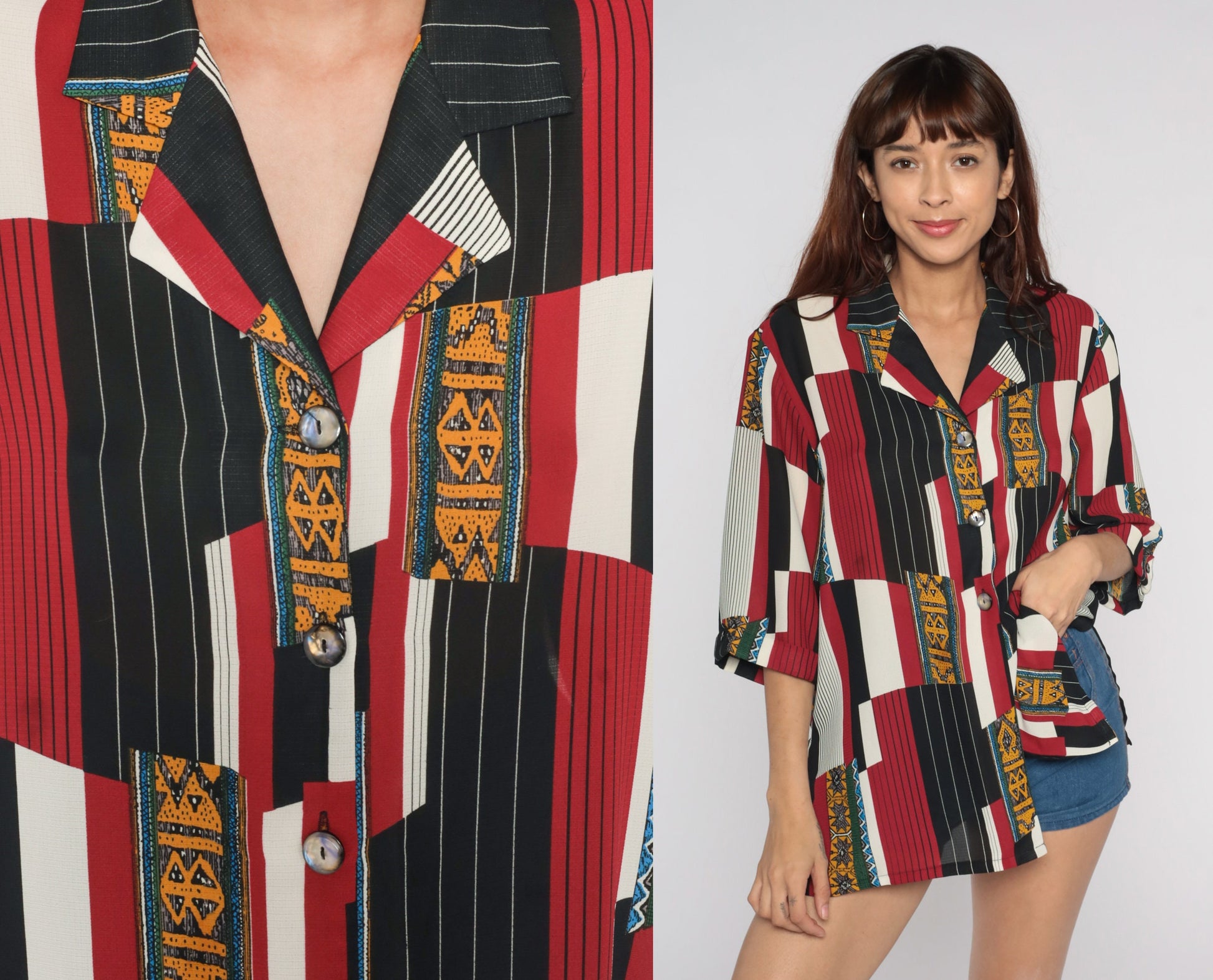 80s Geometric Striped Button Up Shirt Red Black White Yellow Large L
