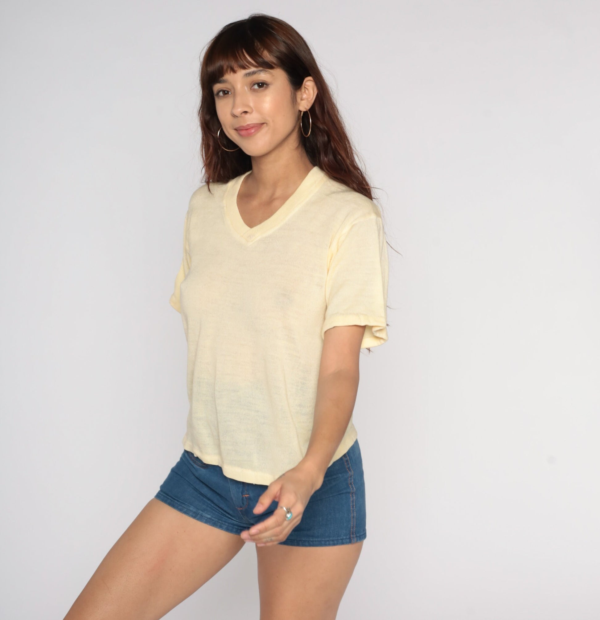 70s Yellow Knit V-Neck Short Sleeve Top Small S